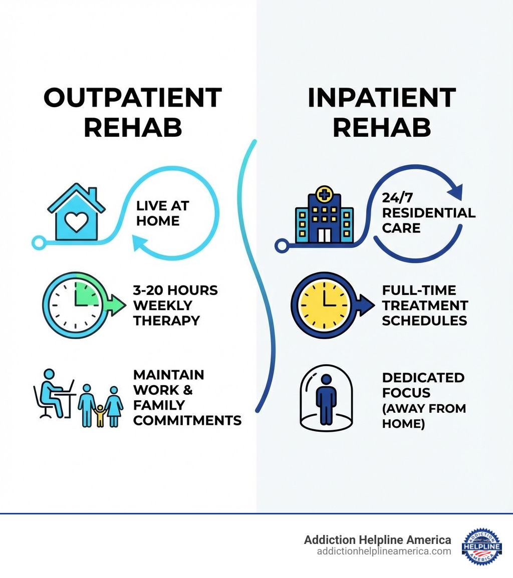 Infographic comparing outpatient and inpatient rehab options, showing outpatient programs allow you to live at home with 3-20 hours of weekly therapy while maintaining work and family commitments, versus inpatient requiring 24/7 residential care with full-time treatment schedules - outpatient rehab programs in scottsdale infographic Infographic comparing outpatient and inpatient rehab options, showing outpatient programs allow you to live at home with 3-20 hours of weekly therapy while maintaining work and family commitments, versus inpatient requiring 24/7 residential care with full-time treatment schedules - outpatient rehab programs in scottsdale infographic