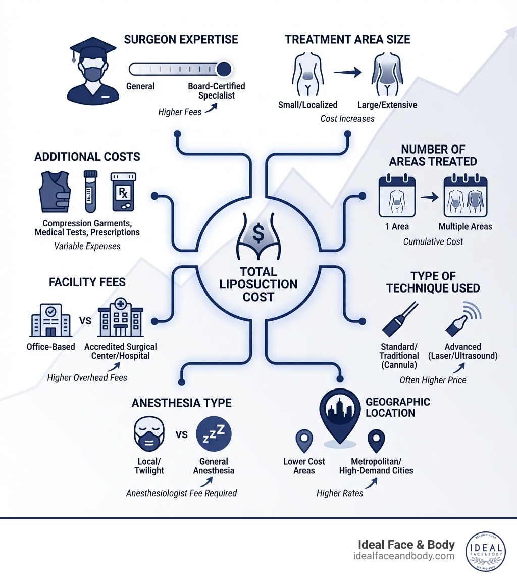 infographic showing factors affecting liposuction cost including surgeon expertise, treatment area size, number of areas treated, type of technique used, geographic location, anesthesia type, facility fees, and additional costs like compression garments and medical tests - how much is lipo infographic infographic showing factors affecting liposuction cost including surgeon expertise, treatment area size, number of areas treated, type of technique used, geographic location, anesthesia type, facility fees, and additional costs like compression garments and medical tests - how much is lipo infographic