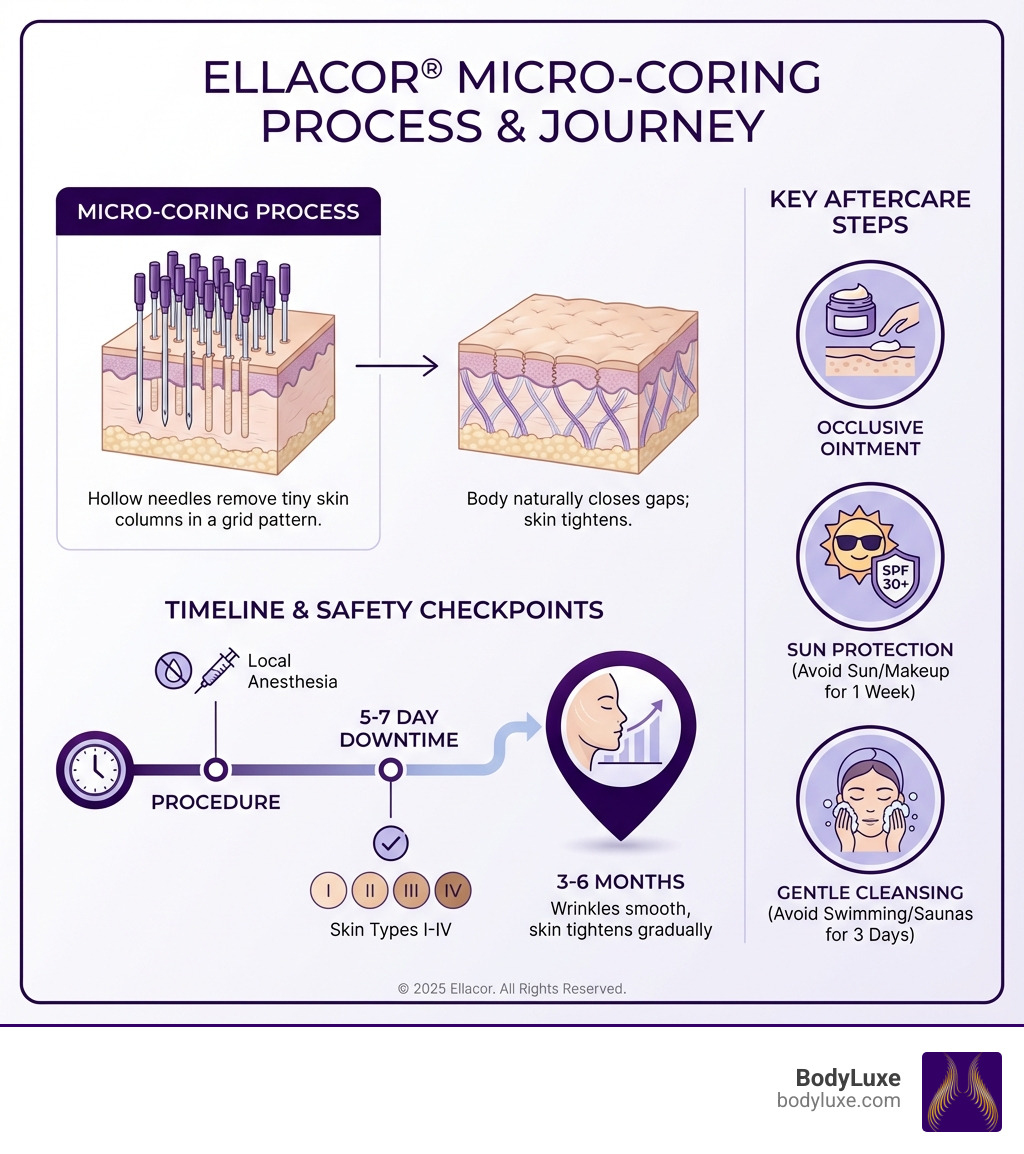 Infographic showing Ellacor micro-coring process: hollow needles remove tiny skin columns in a grid pattern, body closes gaps naturally, skin tightens and wrinkles smooth over 3-6 months, with safety checkpoints for skin types I-IV, local anesthesia, 5-7 day downtime, and key aftercare steps including occlusive ointment, sun protection, and gentle cleansing - Ellacor Safety, Side Effects, and Aftercare infographic 