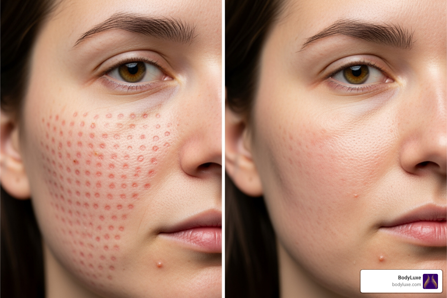 Patient's face immediately after Ellacor treatment showing a grid pattern, and another image 1 week post-treatment showing significant healing - Ellacor for Face Tightening & Wrinkle Reduction Patient's face immediately after Ellacor treatment showing a grid pattern, and another image 1 week post-treatment showing significant healing - Ellacor for Face Tightening & Wrinkle Reduction