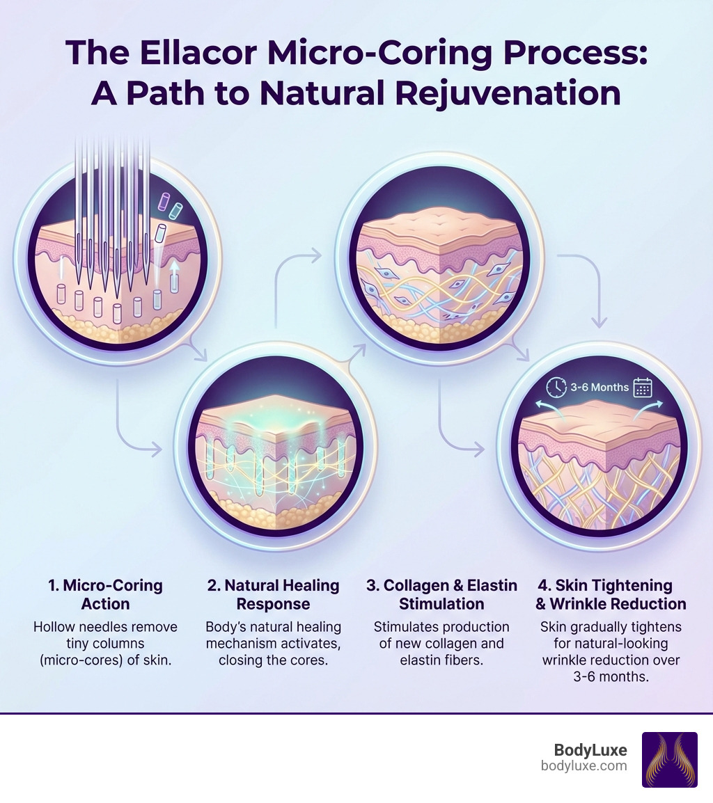 Infographic showing the Ellacor Micro-Coring process: hollow needles remove micro-cores of skin, natural healing closes the cores, collagen production is stimulated, and skin tightens over 3-6 months for natural-looking wrinkle reduction - Ellacor Cost, Candidacy, and Treatment Planning infographic 