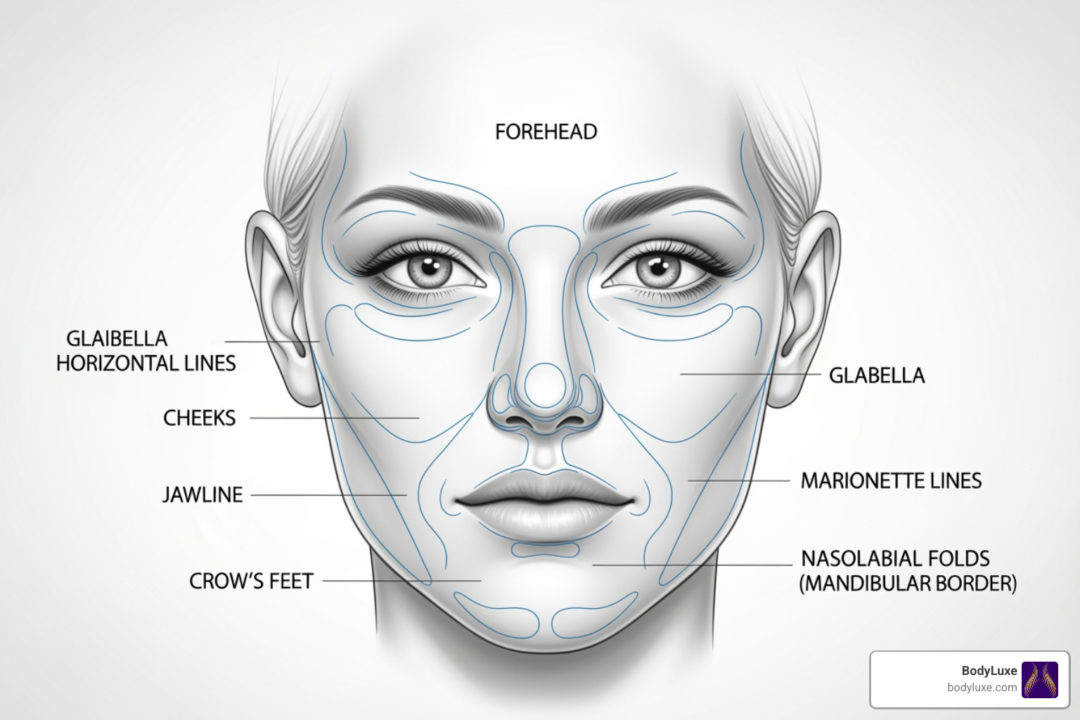 facial diagram illustrating non-surgical treatment targets - best alternative to surgical facelift facial diagram illustrating non-surgical treatment targets - best alternative to surgical facelift