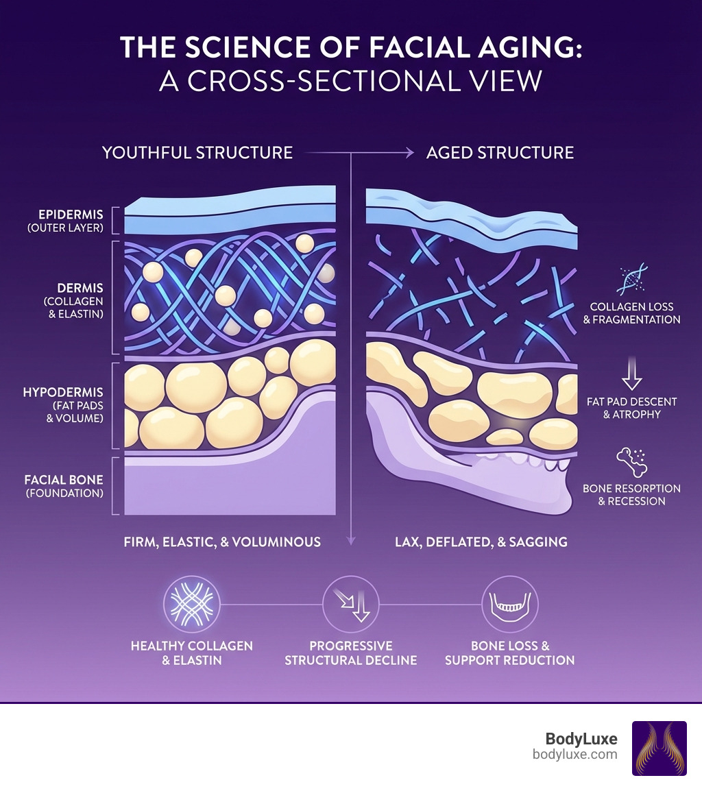 infographic showing facial aging process with collagen loss, fat pad descent, and bone resorption across three layers of skin - best alternative to surgical facelift infographic infographic showing facial aging process with collagen loss, fat pad descent, and bone resorption across three layers of skin - best alternative to surgical facelift infographic