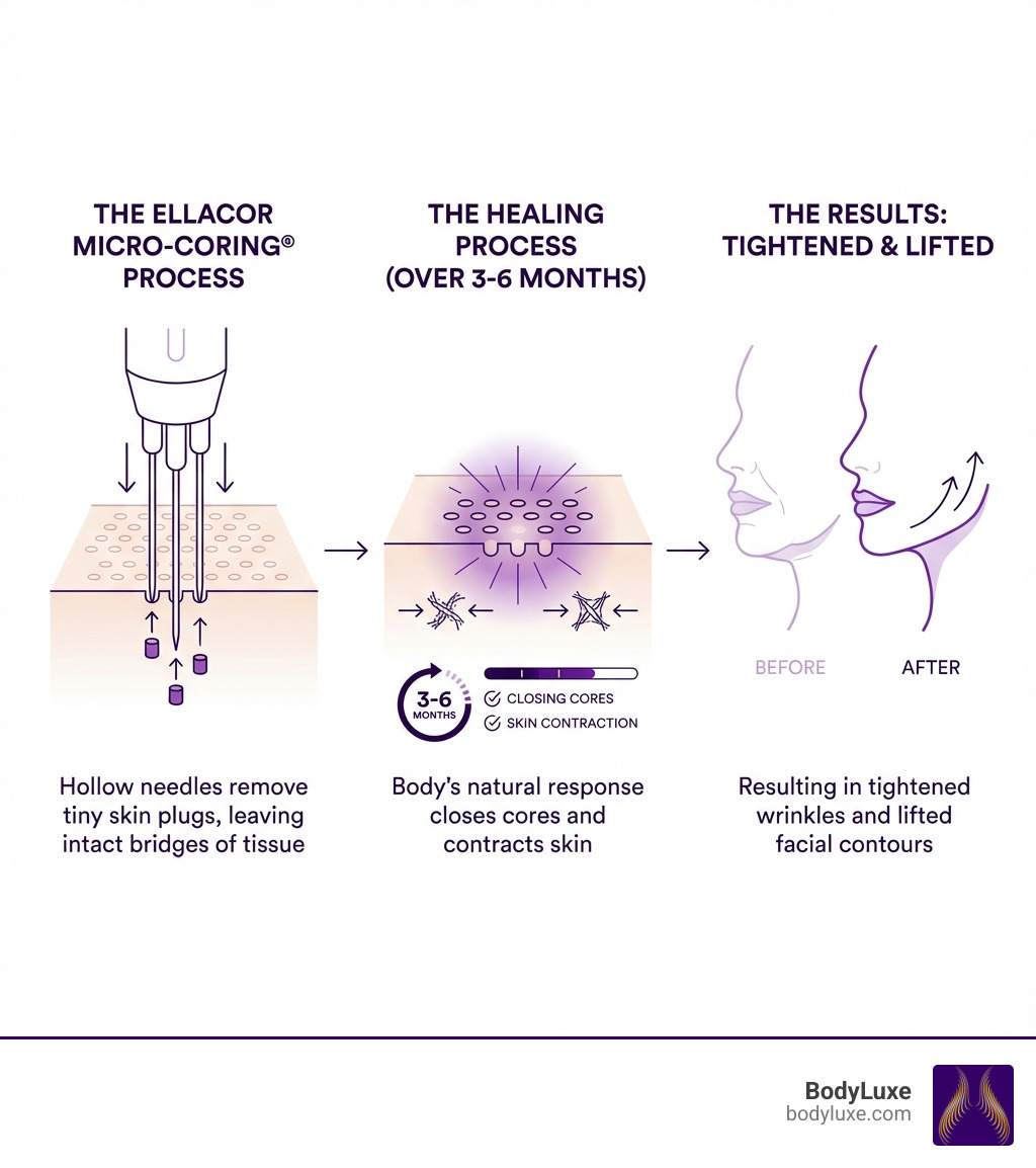 infographic showing Ellacor Micro-Coring process: hollow needles remove tiny skin plugs, bridges of intact skin remain, body's healing response closes cores and contracts skin over 3-6 months, resulting in tightened wrinkles and lifted facial contours - Ellacor healing process infographic infographic showing Ellacor Micro-Coring process: hollow needles remove tiny skin plugs, bridges of intact skin remain, body's healing response closes cores and contracts skin over 3-6 months, resulting in tightened wrinkles and lifted facial contours - Ellacor healing process infographic