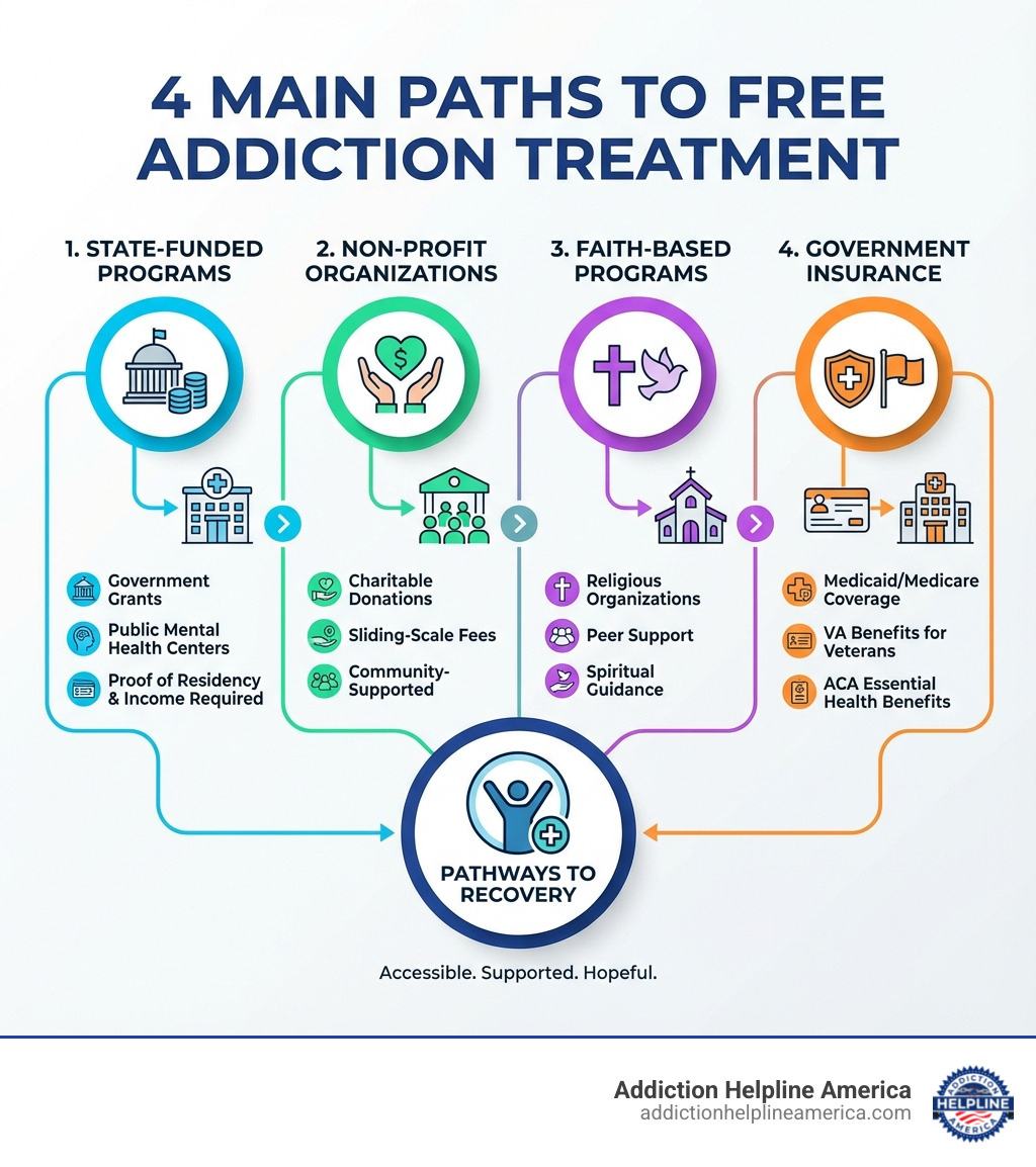 Infographic showing the 4 main paths to free addiction treatment: 1. State-Funded Programs (government grants, public mental health centers, proof of residency and income required), 2. Non-Profit Organizations (charitable donations, sliding-scale fees, community-supported), 3. Faith-Based Programs (religious organizations, peer support, spiritual guidance), and 4. Government Insurance (Medicaid/Medicare coverage, VA benefits for veterans, ACA essential health benefits) - are there any free drug treatment centers infographic Infographic showing the 4 main paths to free addiction treatment: 1. State-Funded Programs (government grants, public mental health centers, proof of residency and income required), 2. Non-Profit Organizations (charitable donations, sliding-scale fees, community-supported), 3. Faith-Based Programs (religious organizations, peer support, spiritual guidance), and 4. Government Insurance (Medicaid/Medicare coverage, VA benefits for veterans, ACA essential health benefits) - are there any free drug treatment centers infographic
