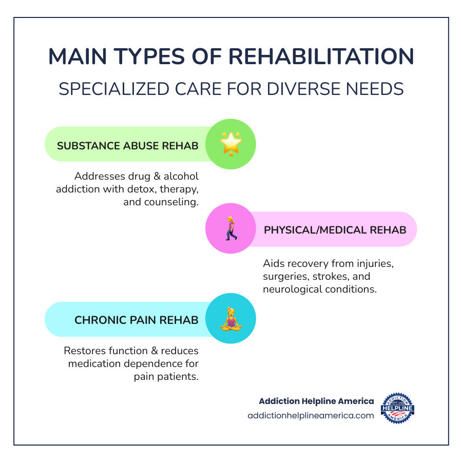 infographic showing three main types of rehabilitation: Substance Abuse Rehab with icons for detox and therapy, Physical Medical Rehab with icons for stroke recovery and physical therapy equipment, and Chronic Pain Rehab with icons for pain management and behavioral therapy - rehab center infographic infographic-line-3-steps-colors infographic showing three main types of rehabilitation: Substance Abuse Rehab with icons for detox and therapy, Physical Medical Rehab with icons for stroke recovery and physical therapy equipment, and Chronic Pain Rehab with icons for pain management and behavioral therapy - rehab center infographic infographic-line-3-steps-colors