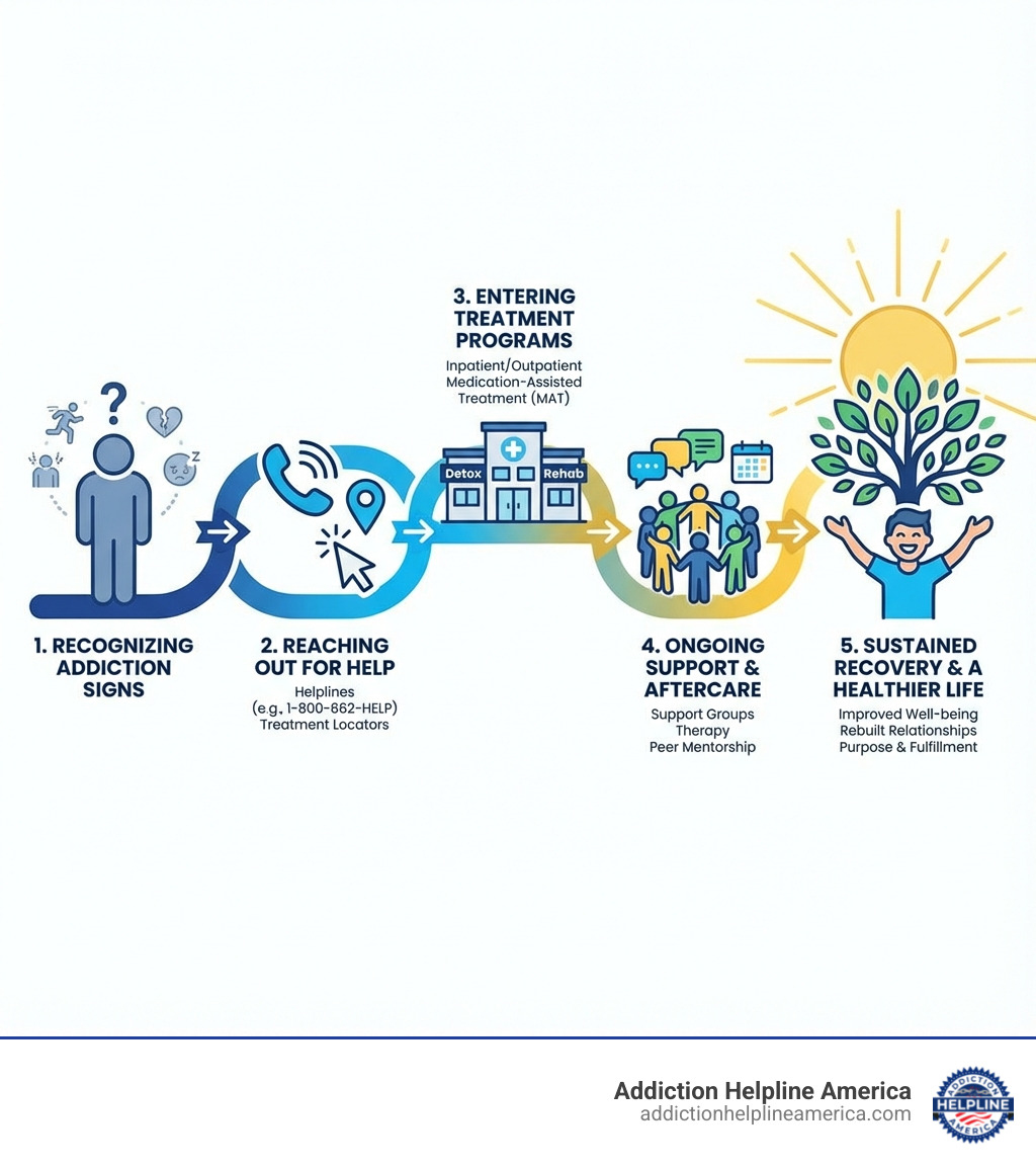 Infographic showing the path from recognizing addiction signs, to reaching out for help via helplines and treatment locators, to entering treatment programs like detox and rehab, to participating in ongoing support groups and aftercare, leading to sustained recovery and a healthier life - Help for addicts infographic Infographic showing the path from recognizing addiction signs, to reaching out for help via helplines and treatment locators, to entering treatment programs like detox and rehab, to participating in ongoing support groups and aftercare, leading to sustained recovery and a healthier life - Help for addicts infographic