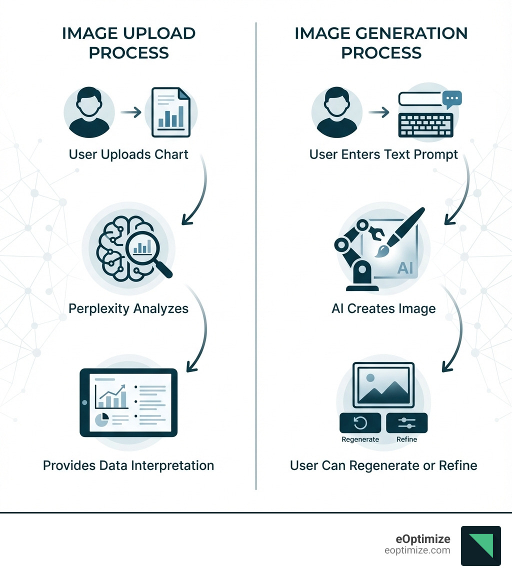 Infographic showing two parallel workflows: Left side demonstrates image upload process (user uploads chart → Perplexity analyzes → provides data interpretation), Right side shows image generation process (user enters text prompt → AI creates image → user can regenerate or refine) - Perplexity image search infographic 