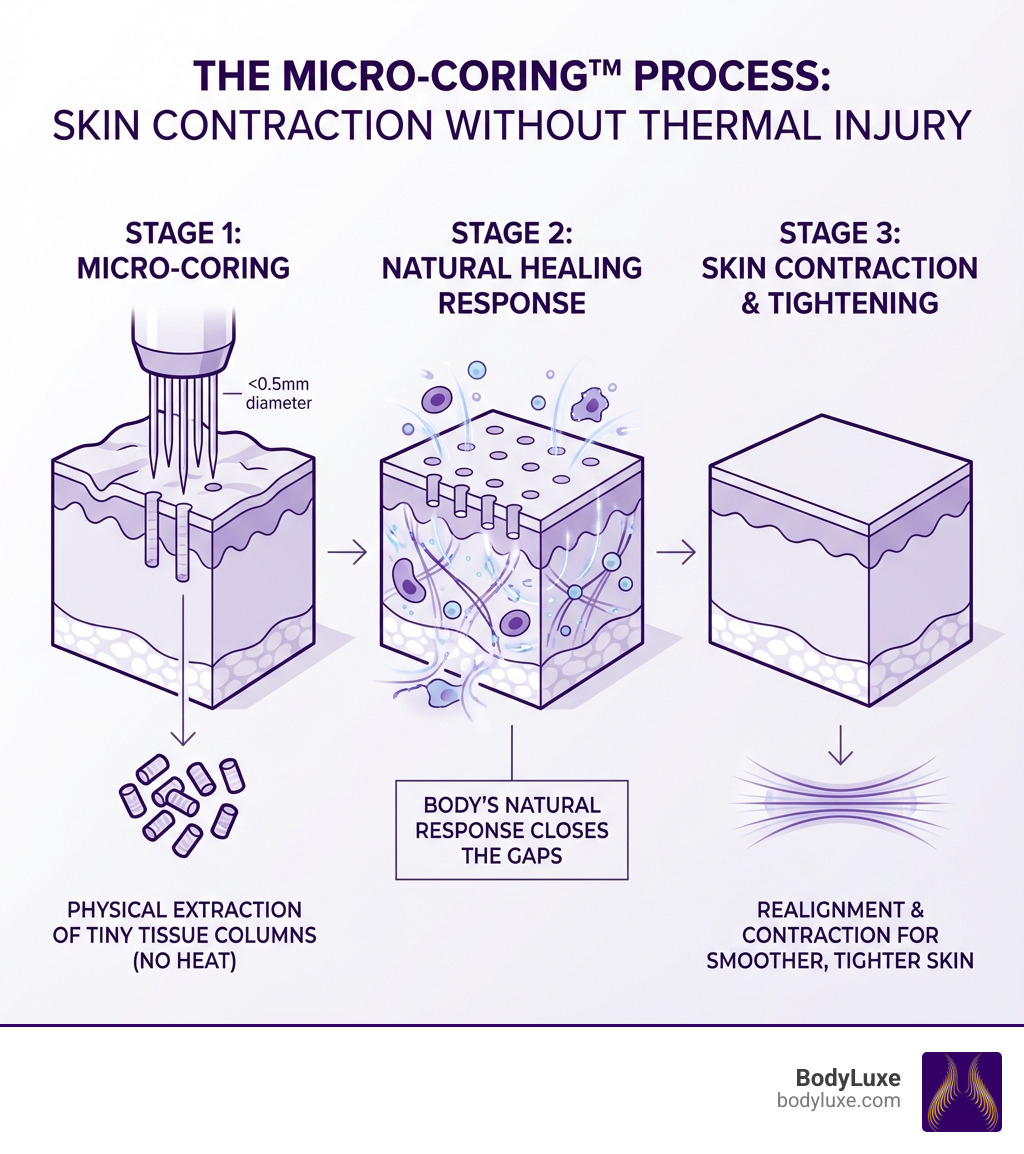 infographic showing the micro-coring process: hollow needles removing tiny cores of skin, natural healing closing the gaps, and resulting skin contraction for wrinkle reduction and tightening - Ellacor Treatment Procedure Details infographic infographic showing the micro-coring process: hollow needles removing tiny cores of skin, natural healing closing the gaps, and resulting skin contraction for wrinkle reduction and tightening - Ellacor Treatment Procedure Details infographic