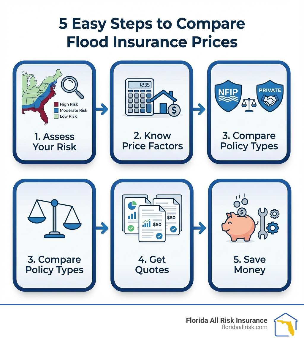 Infographic showing 5 steps to comparing flood insurance prices: Step 1 shows a flood zone map labeled Assess Your Risk, Step 2 shows a calculator and house icon labeled Know Price Factors, Step 3 shows NFIP and Private Insurance logos labeled Compare Policy Types, Step 4 shows multiple quote documents labeled Get Quotes, Step 5 shows a piggy bank and mitigation tools labeled Save Money - flood insurance prices infographic 