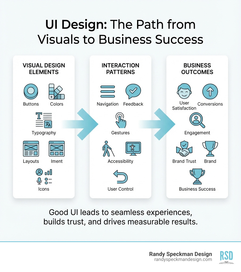 infographic showing user interface design components: visual elements like buttons and colors on left, interaction patterns like navigation and feedback in center, and outcomes like user satisfaction and conversions on right, with arrows showing how good UI leads to business success - User interface design infographic 