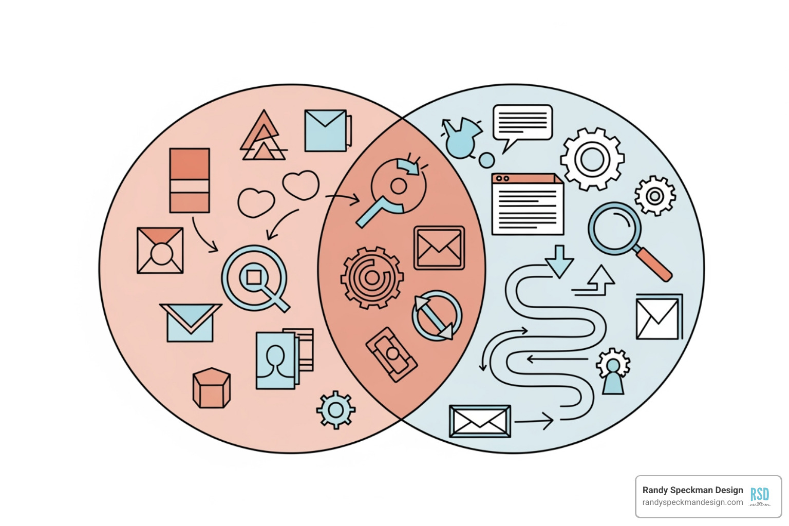 Venn diagram showing the overlap between UI and UX, with UI focusing on visual design and interaction, and UX focusing on research, strategy, and overall user journey - User interface design