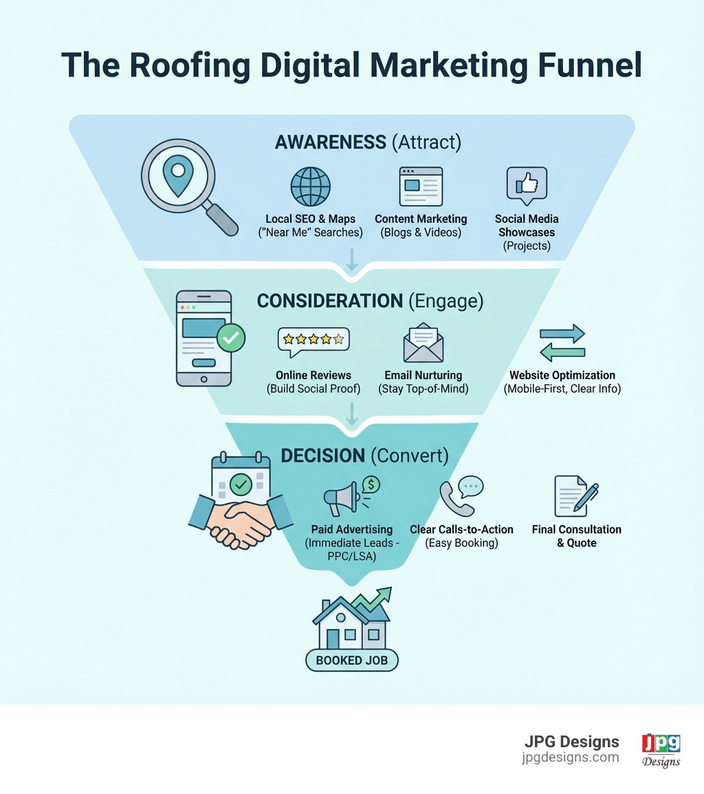Infographic showing the digital marketing funnel for roofing companies: Awareness, Consideration, and Decision stages - digital marketing for roofers infographic Infographic showing the digital marketing funnel for roofing companies: Awareness, Consideration, and Decision stages - digital marketing for roofers infographic