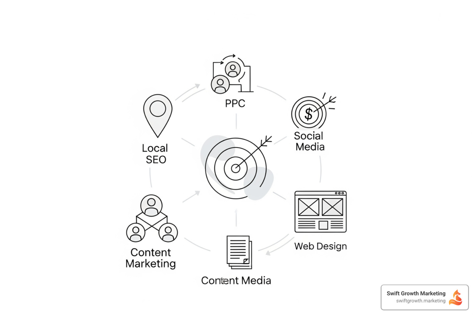 Infographic showing the core components of local digital marketing strategy: a circular diagram with five interconnected elements - Local SEO (represented by a map pin and search icon), PPC Advertising (represented by a target with dollar sign), Social Media Marketing (represented by connected user icons), Content Marketing (represented by a document with magnifying glass), and Web Design (represented by a responsive device layout). Arrows connect each element showing how they work together, with "Increased Visibility" and "More Customers" as the central outcomes. - Digital marketing near me