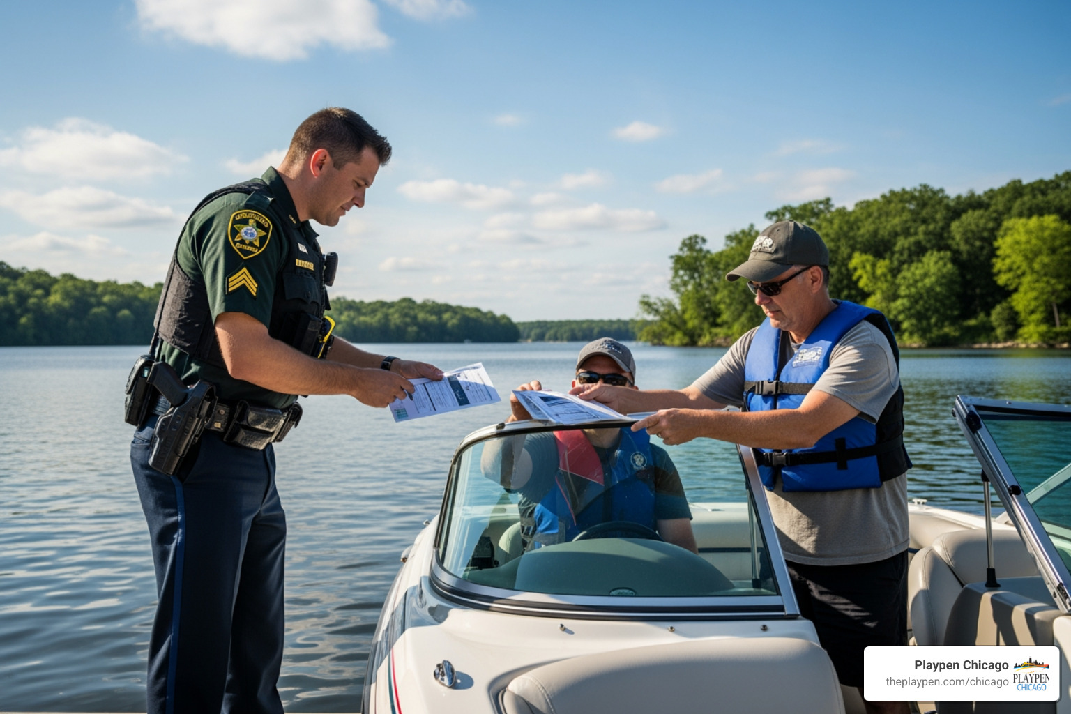 Illinois Conservation Police Officer inspecting boaters' documents - How to get Illinois boating license Illinois Conservation Police Officer inspecting boaters' documents - How to get Illinois boating license