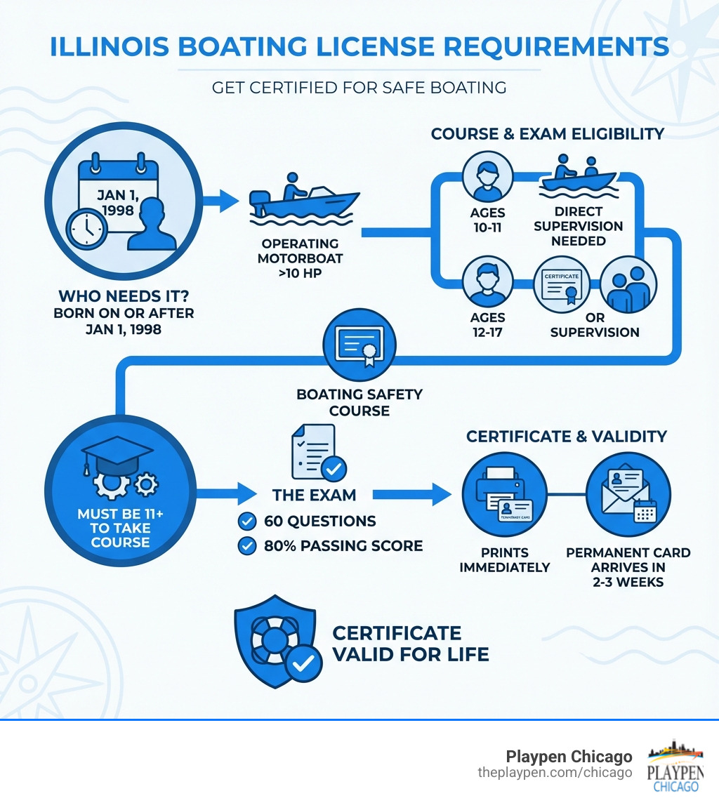 Infographic showing Illinois boating license requirements: Born on or after January 1, 1998 requires certification; Must be 11+ to take course; Operating motorboat over 10 HP requires certificate; Ages 10-11 need direct supervision; Ages 12-17 need certificate or supervision; Certificate valid for life; Exam has 60 questions with 80% passing score; Temporary card prints immediately, permanent card arrives in 2-3 weeks - How to get Illinois boating license infographic Infographic showing Illinois boating license requirements: Born on or after January 1, 1998 requires certification; Must be 11+ to take course; Operating motorboat over 10 HP requires certificate; Ages 10-11 need direct supervision; Ages 12-17 need certificate or supervision; Certificate valid for life; Exam has 60 questions with 80% passing score; Temporary card prints immediately, permanent card arrives in 2-3 weeks - How to get Illinois boating license infographic