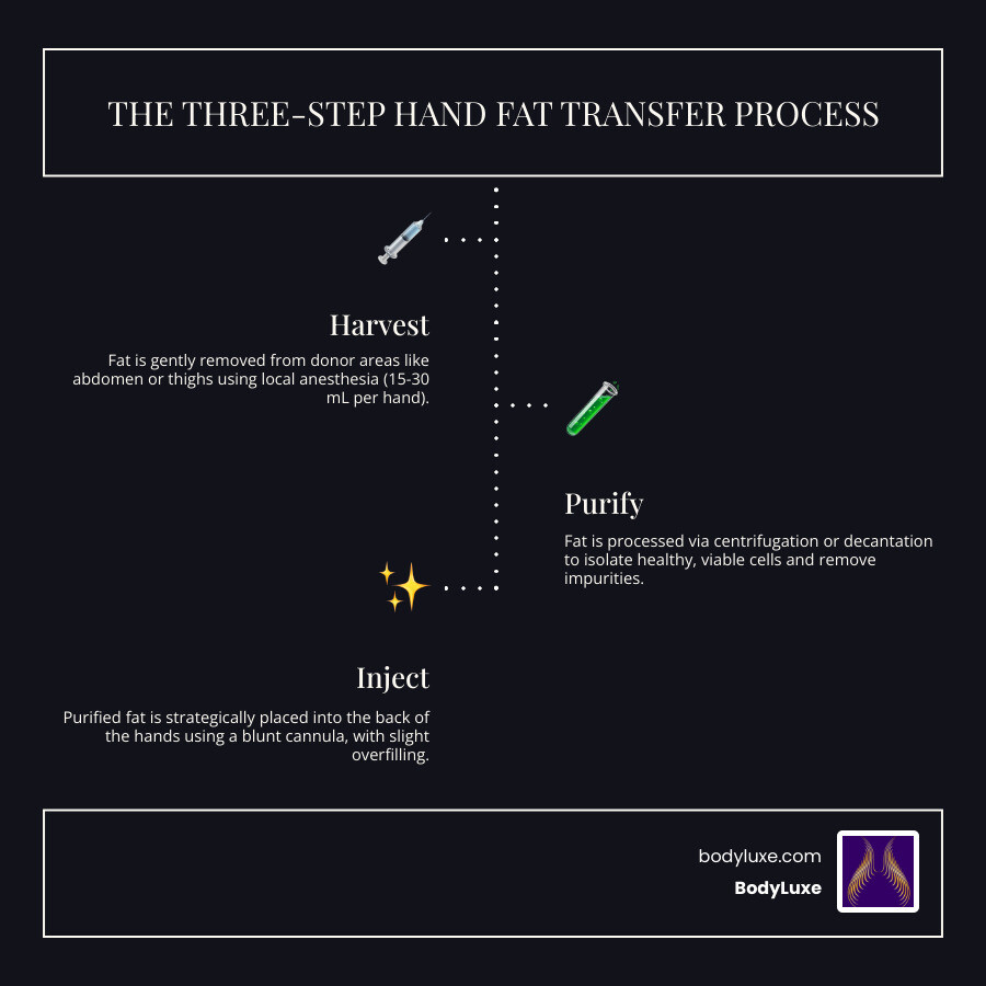 Infographic showing the three-step fat transfer process: Step 1 - Harvest fat from donor areas like abdomen or thighs using gentle liposuction under local anesthesia (15-30 mL per hand); Step 2 - Purify the fat through centrifugation or decantation to remove impurities and isolate viable cells; Step 3 - Inject purified fat strategically into the dorsum of the hand using a blunt cannula with radial fanning technique, avoiding nerves and vessels, with slight overfilling to account for 20-30% natural absorption - fat transfer to hands infographic infographic-line-3-steps-dark Infographic showing the three-step fat transfer process: Step 1 - Harvest fat from donor areas like abdomen or thighs using gentle liposuction under local anesthesia (15-30 mL per hand); Step 2 - Purify the fat through centrifugation or decantation to remove impurities and isolate viable cells; Step 3 - Inject purified fat strategically into the dorsum of the hand using a blunt cannula with radial fanning technique, avoiding nerves and vessels, with slight overfilling to account for 20-30% natural absorption - fat transfer to hands infographic infographic-line-3-steps-dark