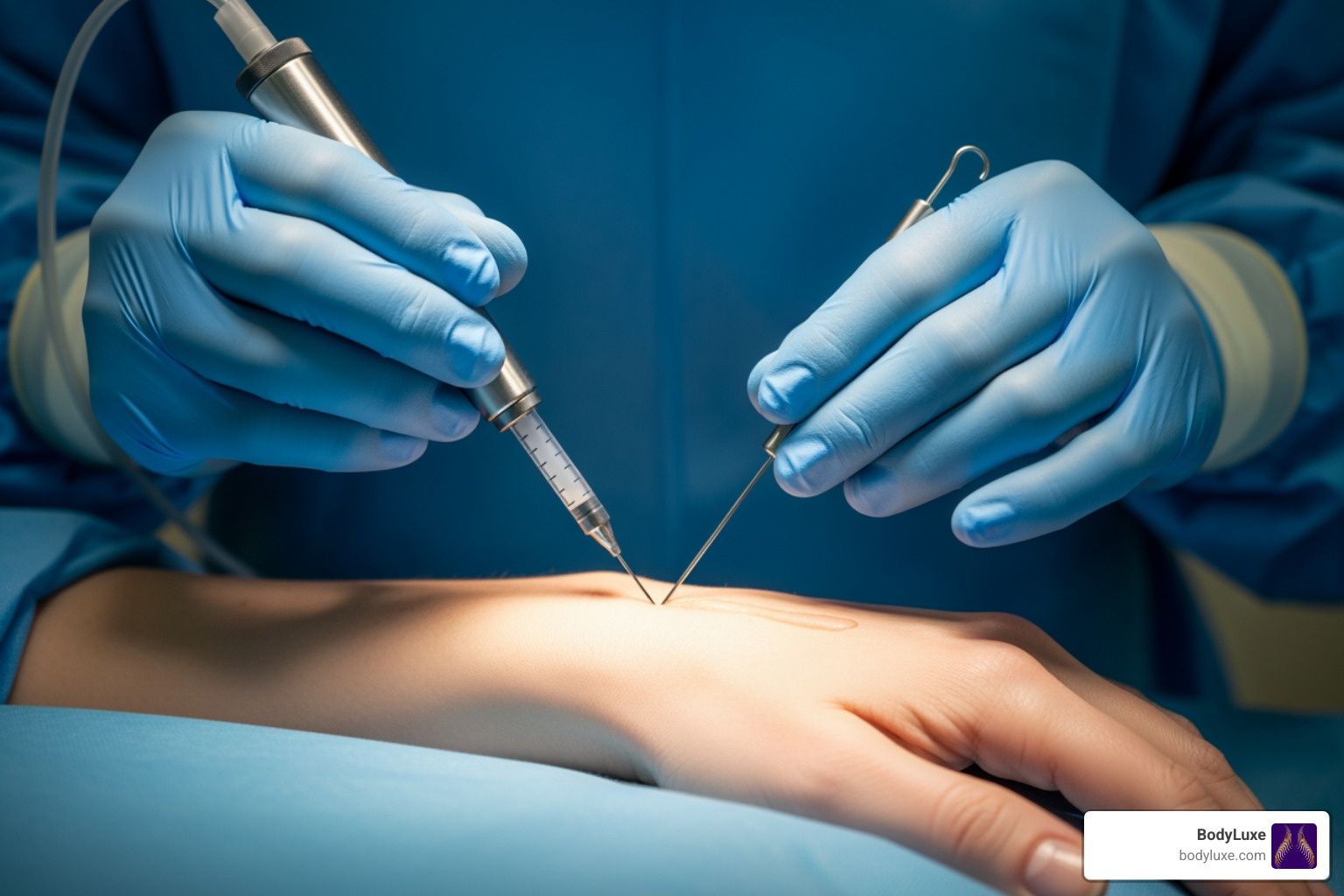 A surgeon carefully injecting purified fat into the dorsum of a patient's hand using a blunt-tipped cannula - fat transfer to hands A surgeon carefully injecting purified fat into the dorsum of a patient's hand using a blunt-tipped cannula - fat transfer to hands