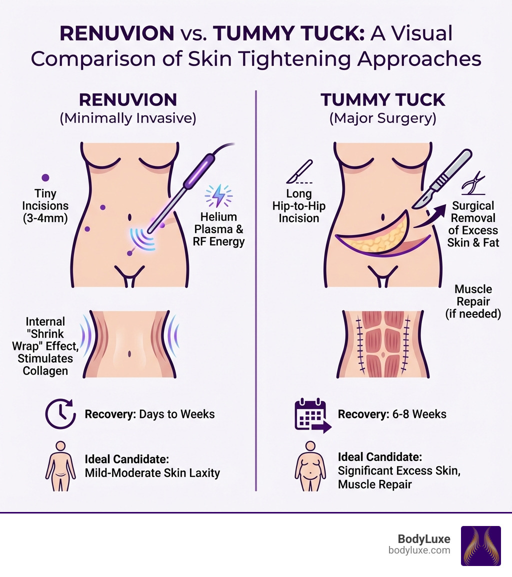 Infographic comparing Renuvion's internal skin tightening mechanism using helium plasma and RF energy through small incisions versus a tummy tuck's surgical removal of excess skin and fat through a hip-to-hip incision, highlighting differences in invasiveness, scarring, recovery time, and ideal candidates - Renuvion vs tummy tuck infographic 