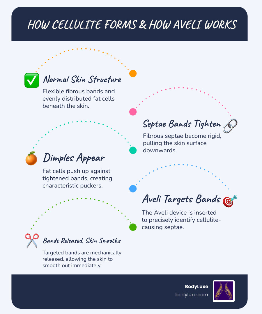 infographic showing how fibrous septae bands pull down on skin while fat pushes up to create cellulite dimples, with Aveli device releasing these bands to smooth the skin surface - Is Aveli safe? infographic infographic-line-5-steps-blues-accent_colors infographic showing how fibrous septae bands pull down on skin while fat pushes up to create cellulite dimples, with Aveli device releasing these bands to smooth the skin surface - Is Aveli safe? infographic infographic-line-5-steps-blues-accent_colors