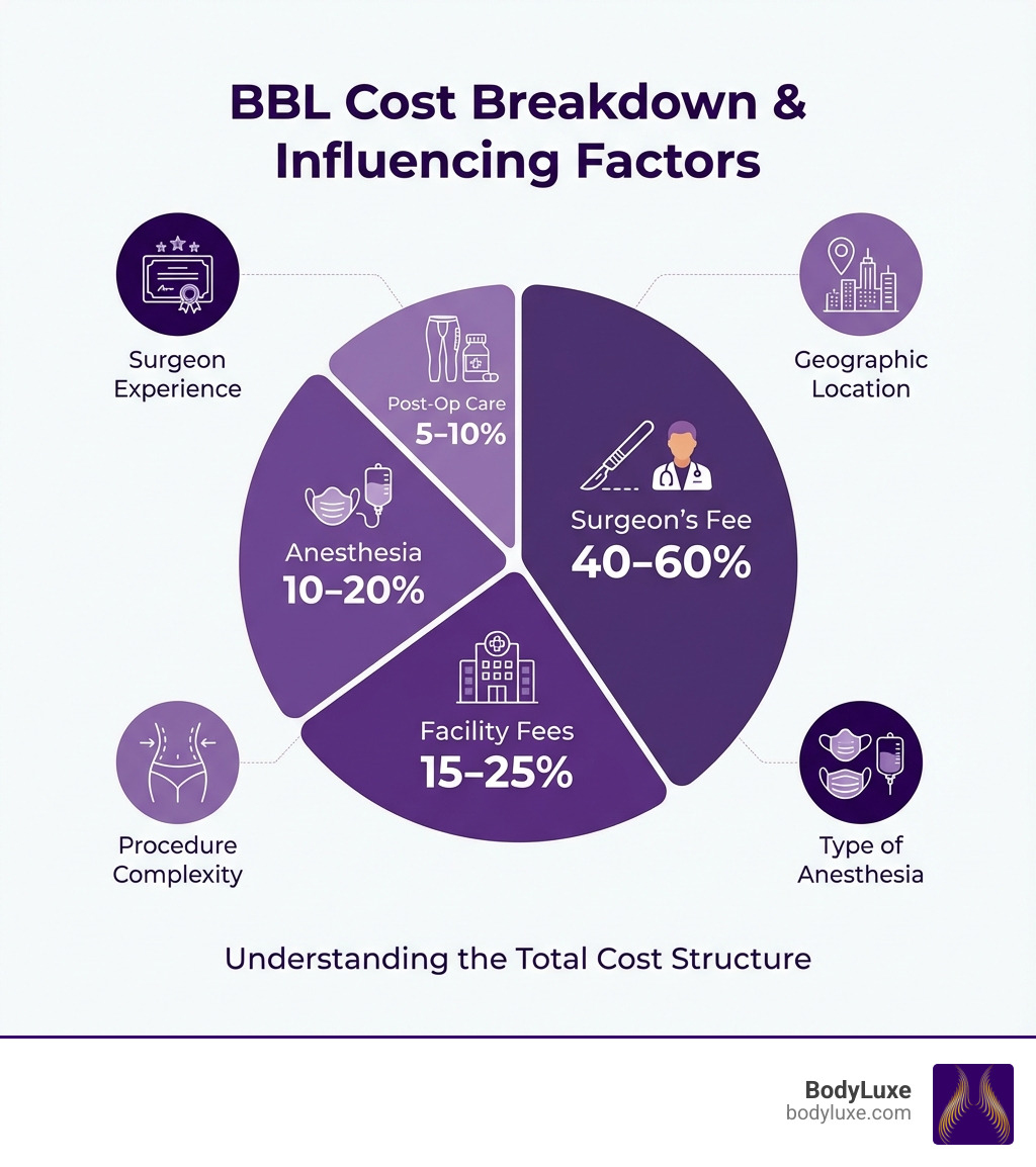 Infographic showing BBL cost breakdown: Surgeon's fee accounts for 40-60% of total cost, facility fees 15-25%, anesthesia 10-20%, and post-operative care 5-10%, with additional factors like surgeon experience, geographic location, procedure complexity, and type of anesthesia influencing the final price - What does BBL cost? infographic 