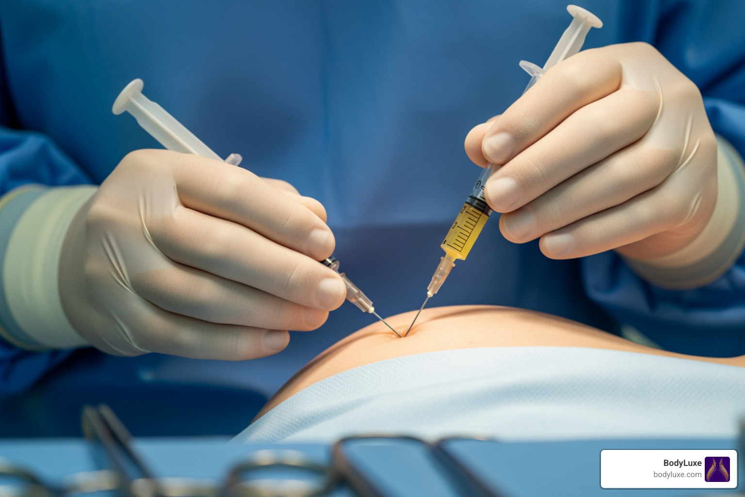 a surgeon performing the fat injection step - breast fat filler