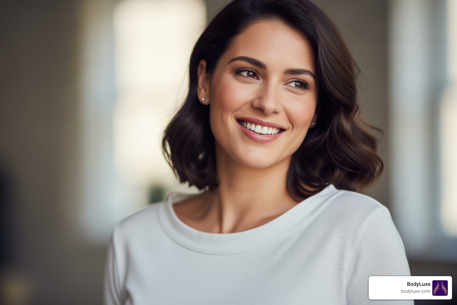 a woman smiling, showing subtle and natural-looking breast improvement results - breast fat filler