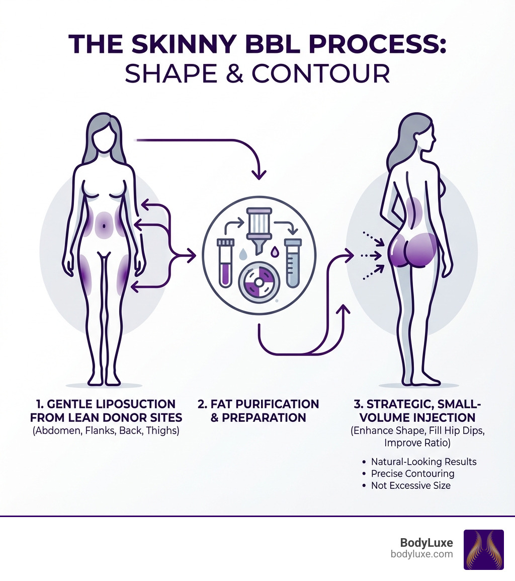 Infographic showing the Skinny BBL process: fat is gently removed via liposuction from donor sites like the abdomen, flanks, back, and thighs on a lean frame, then purified and carefully injected into the buttocks in small, strategic volumes to enhance shape, fill hip dips, and improve waist-to-hip ratio without adding excessive size - What is skinny BBL infographic 