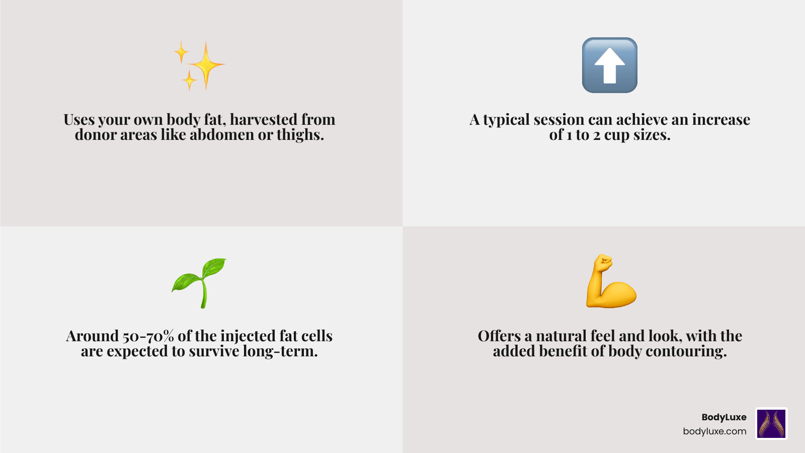 Infographic showing the three-step breast fat transfer process: Step 1 - Fat Harvesting via Liposuction from donor sites (abdomen, thighs, flanks); Step 2 - Fat Purification using centrifuge to isolate viable cells; Step 3 - Strategic Fat Injection in layers into breast tissue for volume and shape - breast fat filler infographic 4_facts_emoji_grey