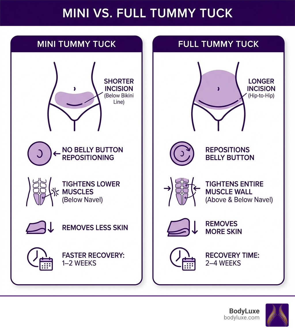 Infographic comparing mini tummy tuck and full tummy tuck: Mini tummy tuck targets lower abdomen only with a shorter incision below the bikini line, no belly button repositioning, tightens muscles below the navel, removes less skin, and has a faster recovery of one to two weeks. Full tummy tuck addresses the entire abdomen with a longer hip-to-hip incision, repositions the belly button, tightens muscles above and below the navel, removes more skin, and requires two to four weeks recovery. - mini abdominoplasty before and after infographic 