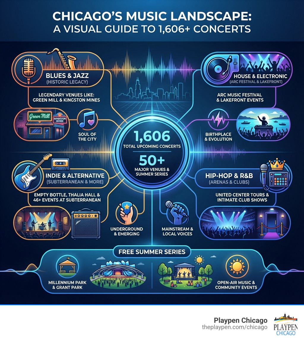 Infographic showing Chicago's music landscape: Blues and Jazz (historic legacy venues like Green Mill and Kingston Mines), House and Electronic (ARC Music Festival, lakefront events), Indie and Alternative (Empty Bottle, Thalia Hall, 46+ events at Subterranean), Hip-Hop and R&B (United Center tours, intimate club shows), with 1,606 total upcoming concerts across 50+ major venues, plus free summer series at Millennium Park and Grant Park - chicago music listings infographic Infographic showing Chicago's music landscape: Blues and Jazz (historic legacy venues like Green Mill and Kingston Mines), House and Electronic (ARC Music Festival, lakefront events), Indie and Alternative (Empty Bottle, Thalia Hall, 46+ events at Subterranean), Hip-Hop and R&B (United Center tours, intimate club shows), with 1,606 total upcoming concerts across 50+ major venues, plus free summer series at Millennium Park and Grant Park - chicago music listings infographic