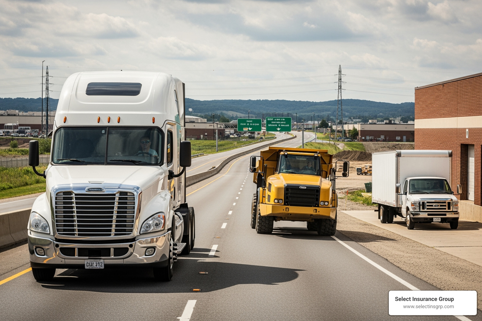 various trucks like a semi-truck, dump truck, and box truck - Truck insurance quotes online