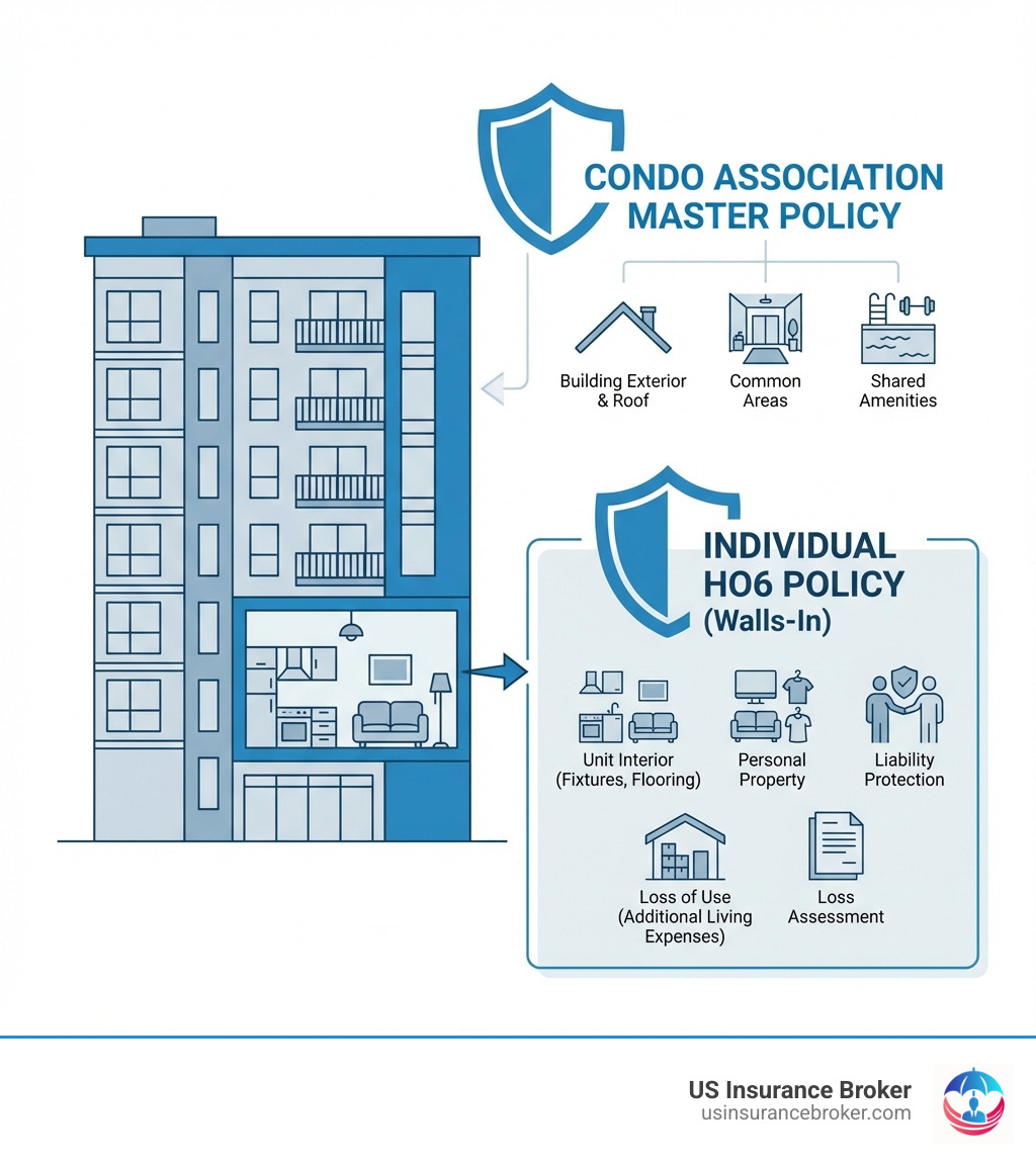 Infographic showing the division of insurance coverage between a condo association's master policy (covering building exterior, roof, common areas, shared amenities) and an individual HO6 policy (covering unit interior, personal property, liability, loss of use, loss assessment) - HO6 insurance policy infographic Infographic showing the division of insurance coverage between a condo association's master policy (covering building exterior, roof, common areas, shared amenities) and an individual HO6 policy (covering unit interior, personal property, liability, loss of use, loss assessment) - HO6 insurance policy infographic
