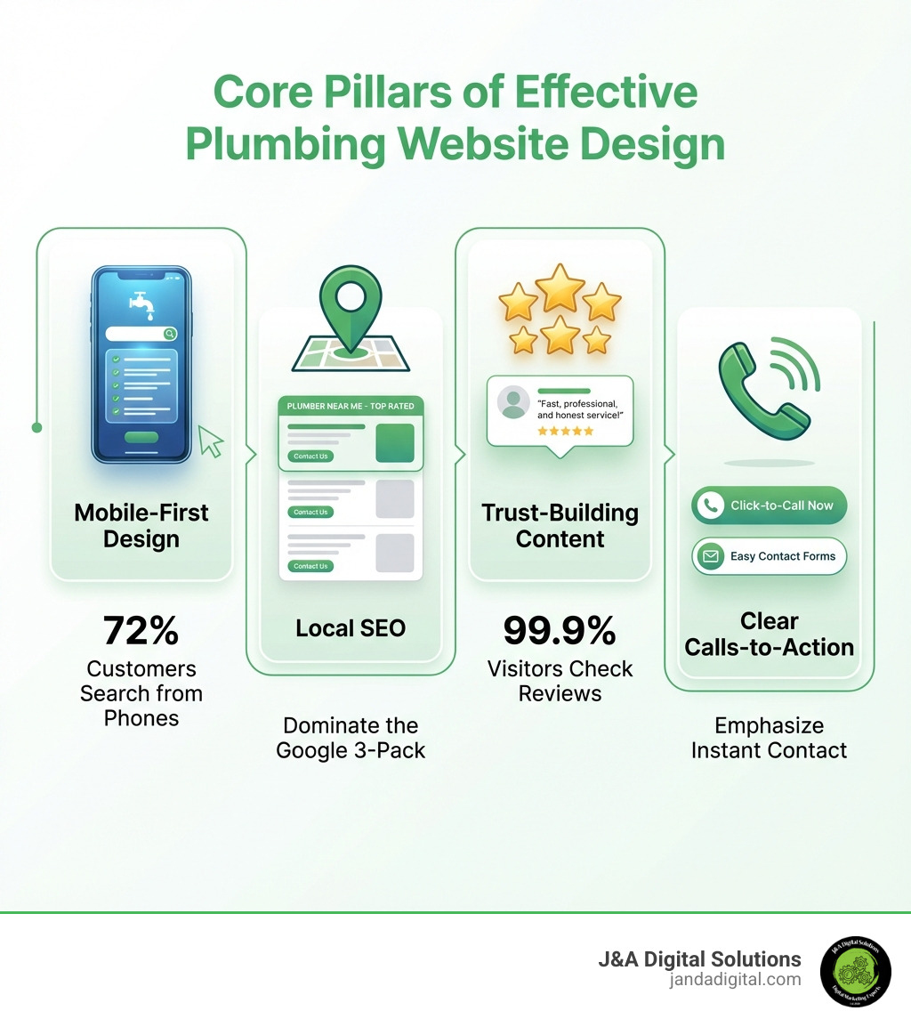 infographic showing the four core pillars of effective plumbing website design: a smartphone icon representing Mobile-First Design with 72% of customers searching from phones, a map pin for Local SEO showing the Google 3-pack, a five-star review icon for Trust-Building Content with 99.9% of visitors checking reviews, and a phone icon for Clear Calls-to-Action emphasizing click-to-call buttons and contact forms - plumbing marketing strategies website design infographic infographic showing the four core pillars of effective plumbing website design: a smartphone icon representing Mobile-First Design with 72% of customers searching from phones, a map pin for Local SEO showing the Google 3-pack, a five-star review icon for Trust-Building Content with 99.9% of visitors checking reviews, and a phone icon for Clear Calls-to-Action emphasizing click-to-call buttons and contact forms - plumbing marketing strategies website design infographic