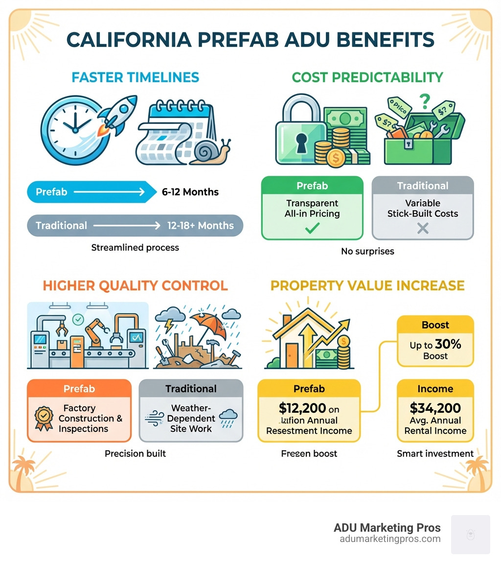 Infographic showing key benefits of prefab ADUs in California: Faster Timelines (6-12 months vs 12-18+ months traditional), Cost Predictability (transparent all-in pricing vs variable stick-built costs), Higher Quality Control (factory construction with inspections vs weather-dependent site work), and Property Value Increase (up to 30% boost plus $34,200 average annual rental income) - prefab adu california infographic 