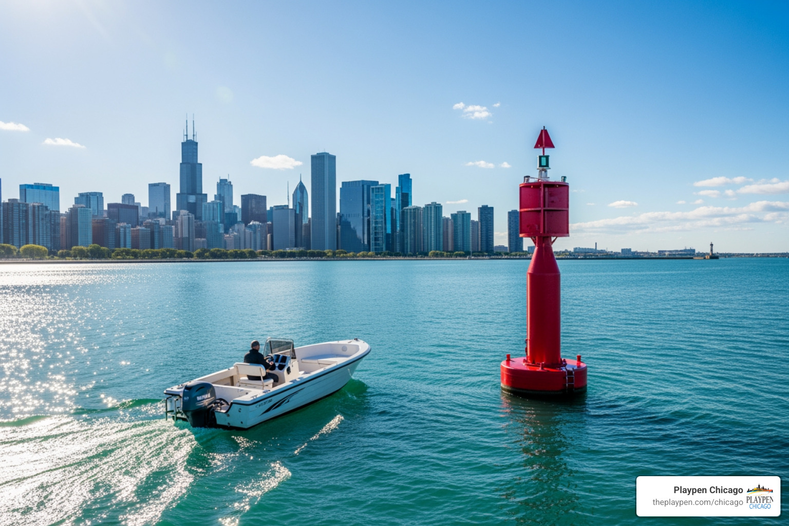 boat navigating near channel marker on lake michigan - beginner boating guide chicago boat navigating near channel marker on lake michigan - beginner boating guide chicago