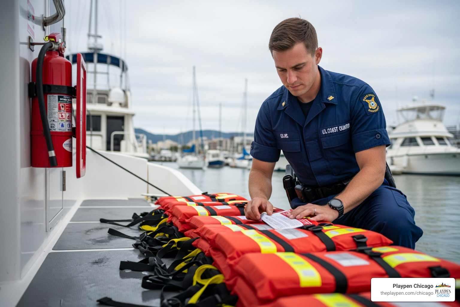 USCG officer inspecting a vessel's safety equipment - uscg charter regulations, bareboat & passenger limits USCG officer inspecting a vessel's safety equipment - uscg charter regulations, bareboat & passenger limits