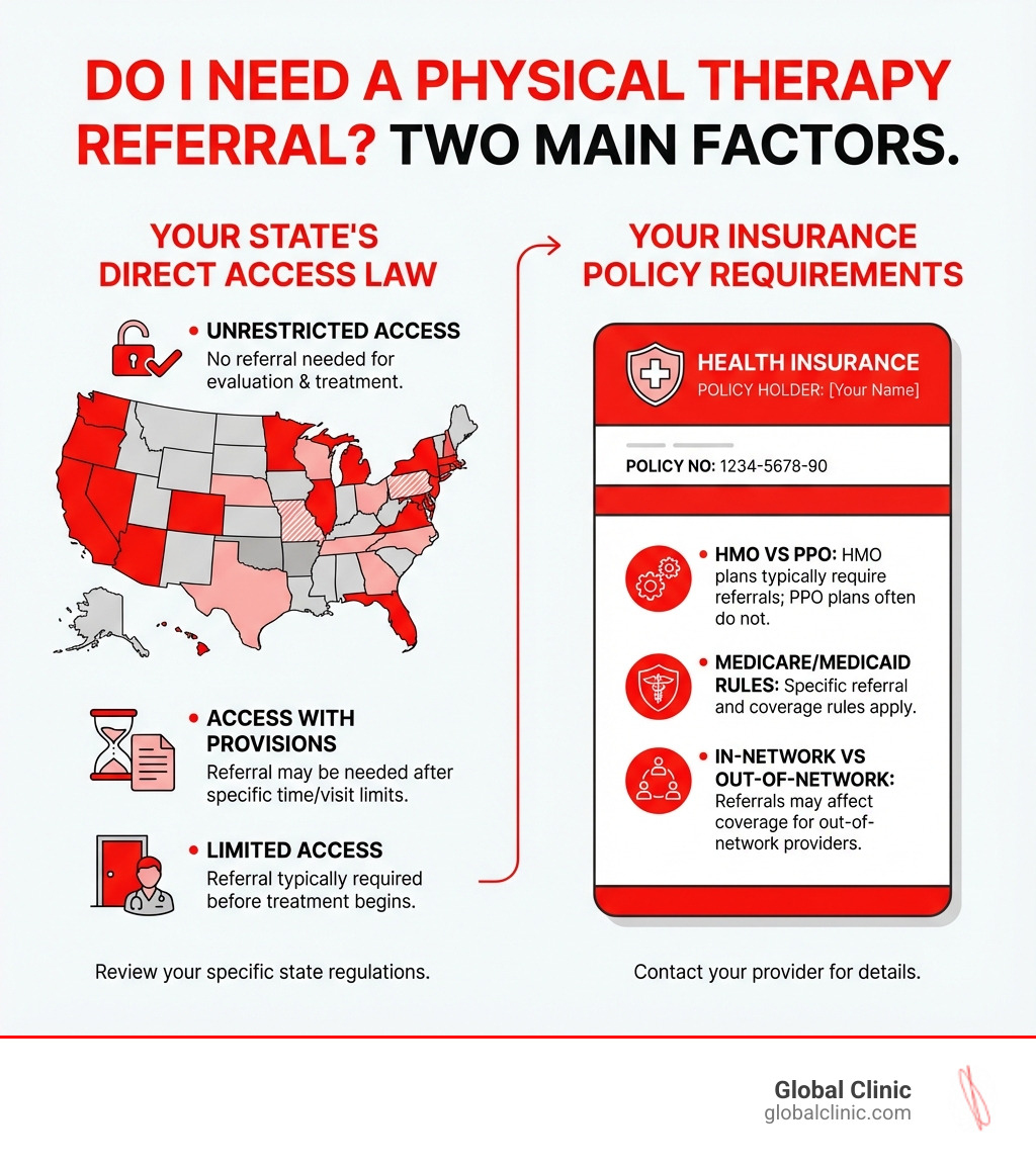Infographic showing two main factors determining if you need a PT referral: on the left, a map of the United States labeled 