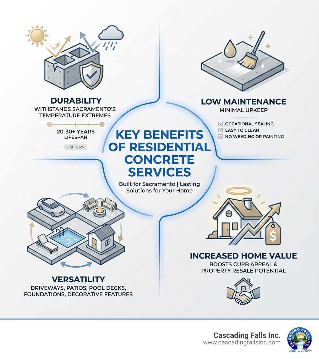 Infographic showing key benefits of residential concrete services: Durability (withstands Sacramento's temperature extremes for 20-30 years), Low Maintenance (minimal upkeep with occasional sealing), Versatility (driveways, patios, pool decks, foundations, decorative features), and Increased Home Value (boosts curb appeal and property resale potential) - residential concrete service sacramento infographic Infographic showing key benefits of residential concrete services: Durability (withstands Sacramento's temperature extremes for 20-30 years), Low Maintenance (minimal upkeep with occasional sealing), Versatility (driveways, patios, pool decks, foundations, decorative features), and Increased Home Value (boosts curb appeal and property resale potential) - residential concrete service sacramento infographic
