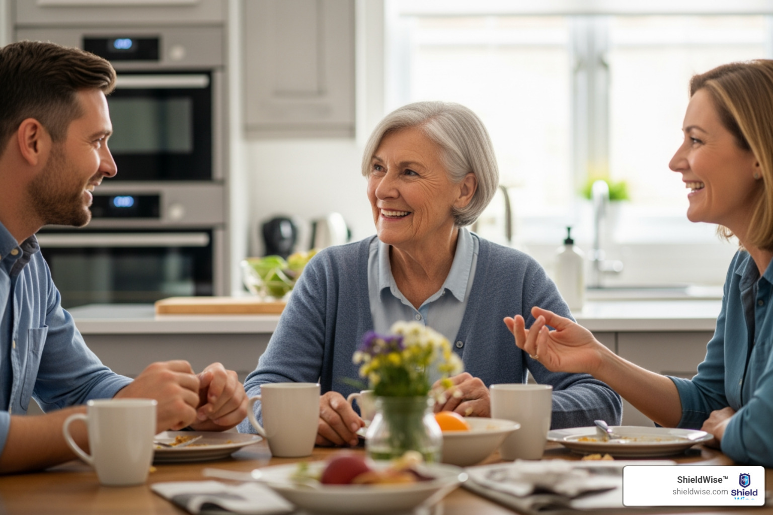 Image of a senior talking with their adult children at a kitchen table - end of life planning checklist for seniors and families