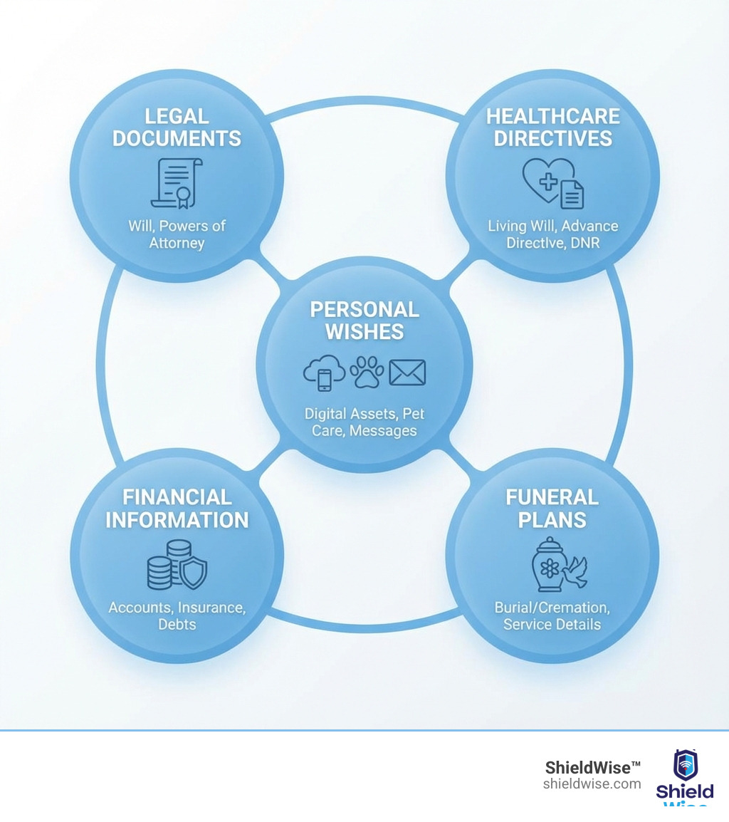 Infographic showing five interconnected circles labeled Legal Documents (will, powers of attorney), Healthcare Directives (living will, advance directive, DNR), Financial Information (accounts, insurance, debts), Funeral Plans (burial/cremation, service details), and Personal Wishes (digital assets, pet care, messages) - end of life planning checklist for seniors and families infographic 
