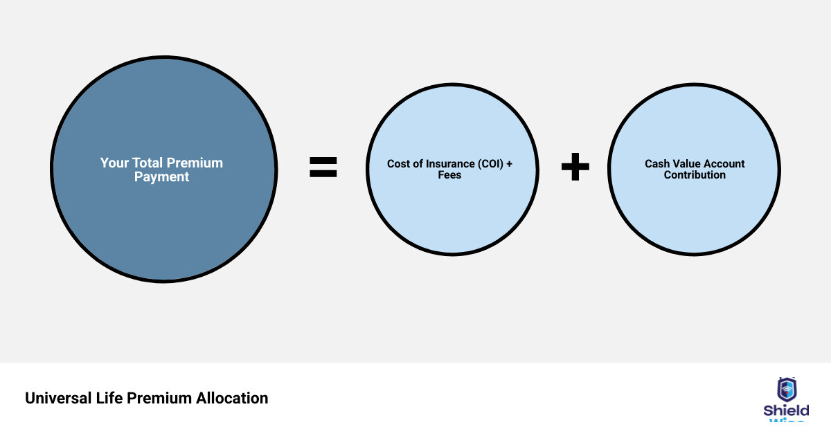 Infographic showing how a universal life insurance premium is divided: one portion covers the cost of insurance (COI) including administrative fees and the death benefit, while the remaining portion goes into the cash value account where it earns interest at a guaranteed minimum rate or higher depending on policy performance - universal life - cash value and flexibility infographic sum_of_parts