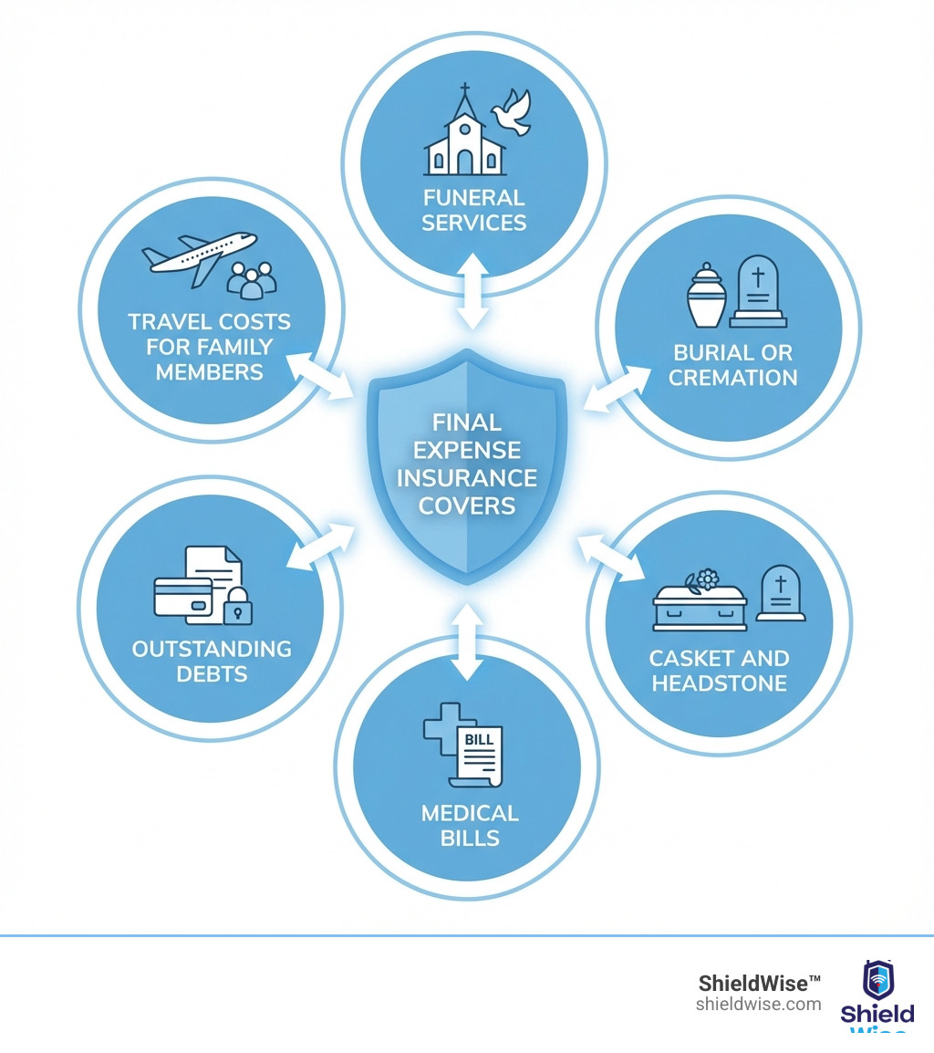 infographic showing what final expense insurance covers: funeral services, burial or cremation, casket and headstone, medical bills, outstanding debts, and travel costs for family members - final expense - seniors on fixed income infographic 