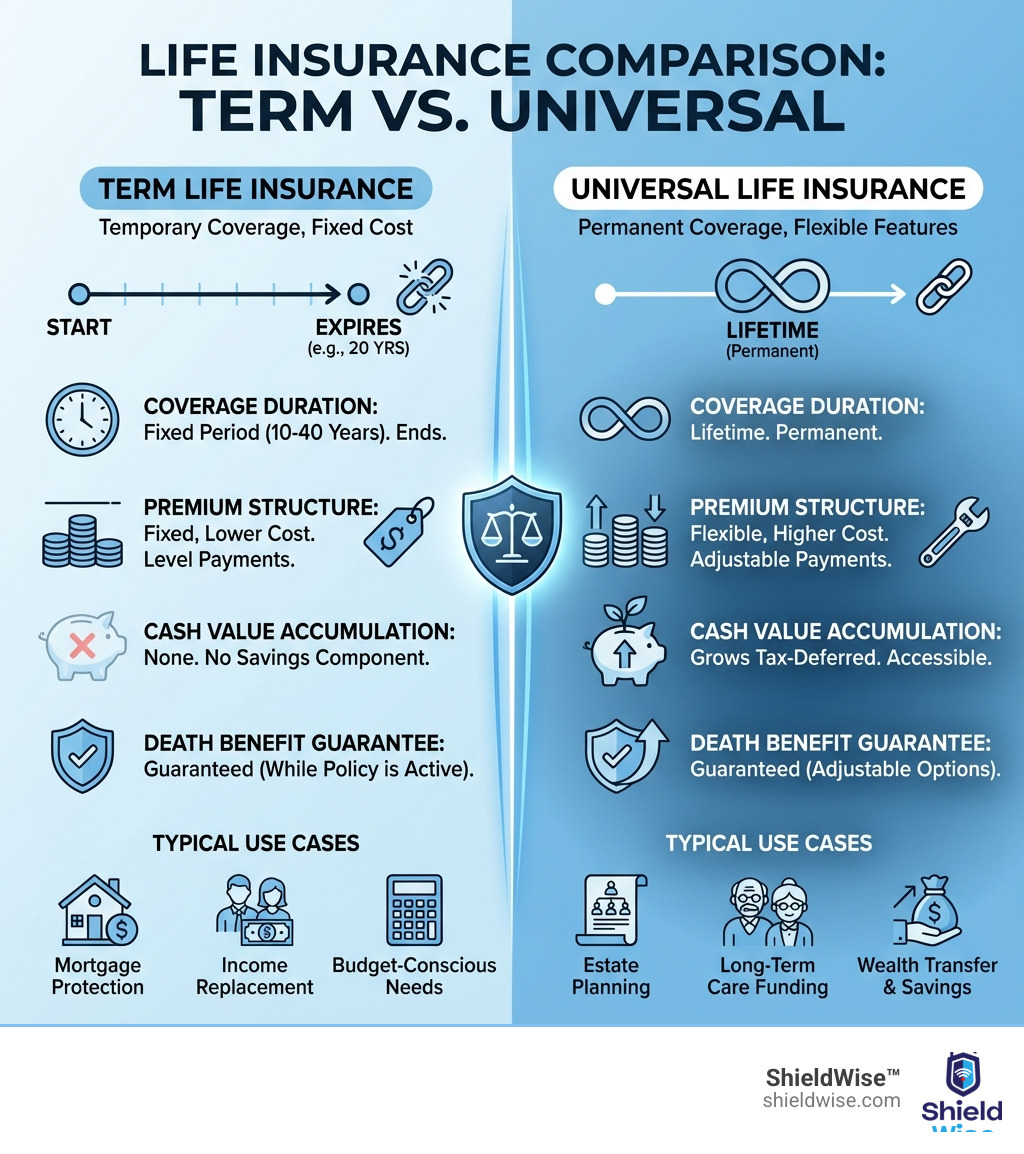 Infographic comparing term life insurance and universal life insurance showing coverage duration, premium structure, cash value accumulation, death benefit guarantees, and typical use cases for each policy type - universal life - term versus permanent infographic 
