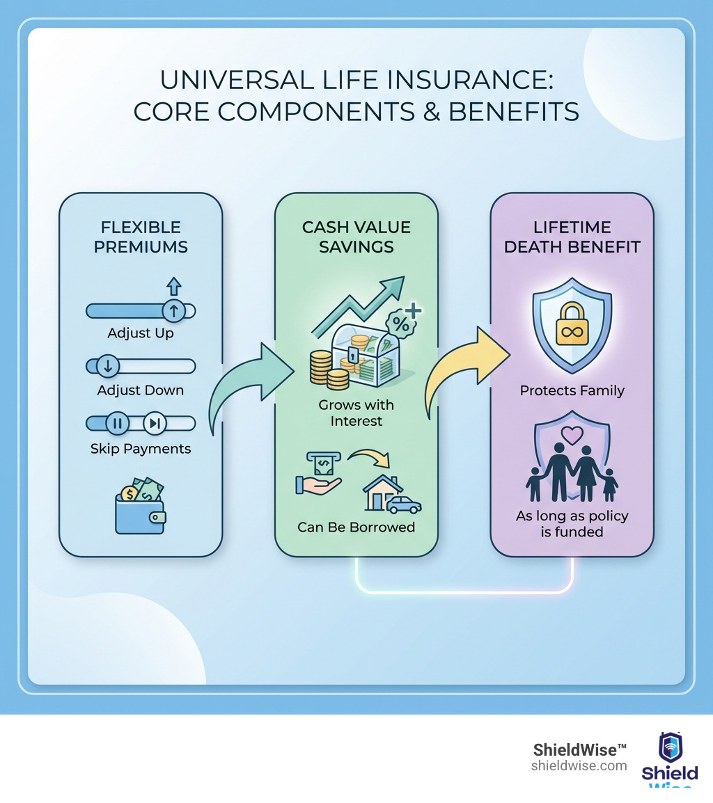 infographic showing three connected boxes: Box 1 - Flexible Premiums (adjust up, down, or skip payments), Box 2 - Cash Value Savings (grows with interest, can be borrowed), Box 3 - Lifetime Death Benefit (protects your family as long as policy is funded) - what is universal life insurance infographic 