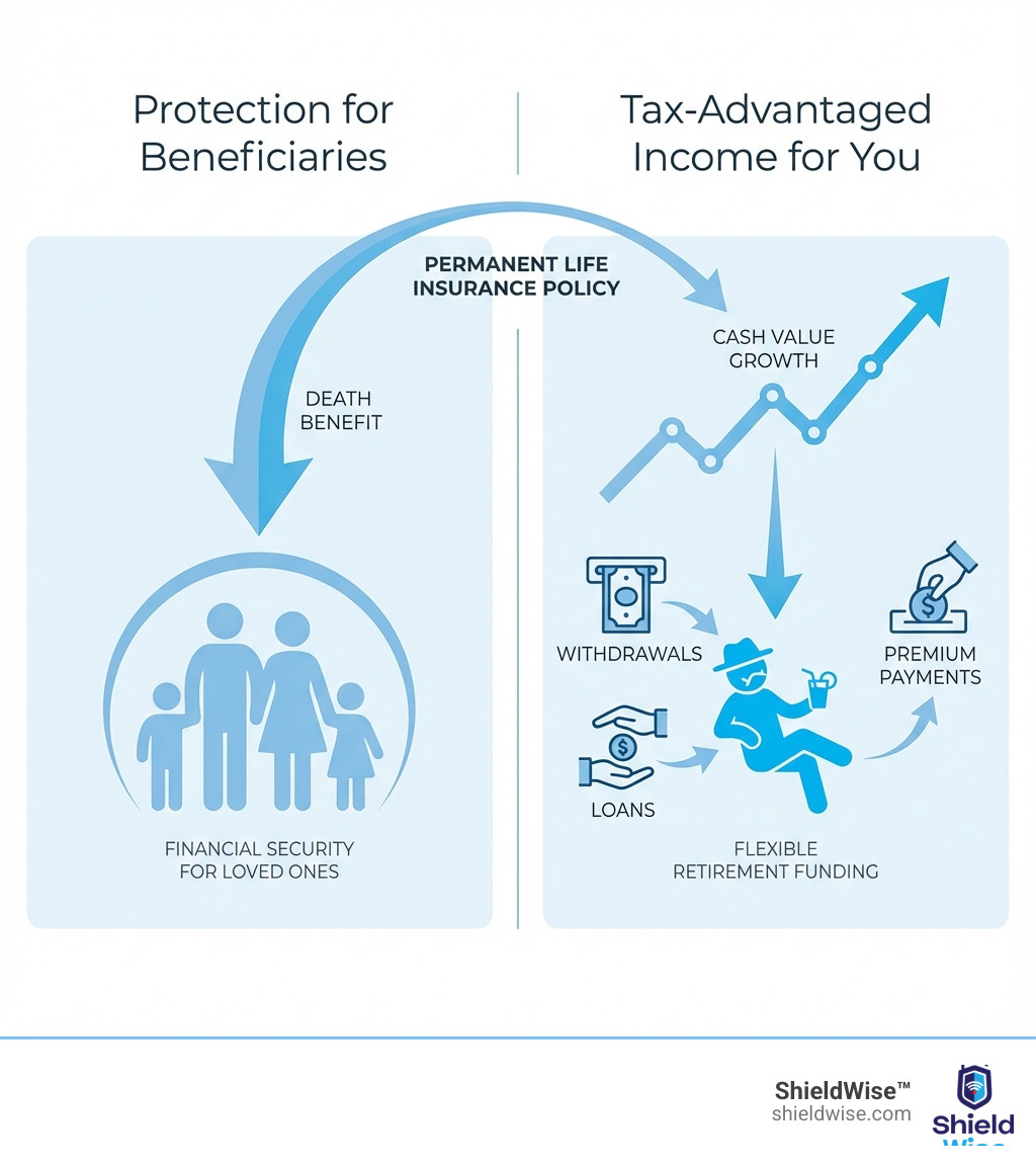 Infographic showing two sides of a permanent life insurance policy: on the left, a death benefit arrow pointing to family silhouettes labeled 'Protection for Beneficiaries'; on the right, a cash value growth chart with arrows pointing to a retiree labeled 'Tax-Advantaged Income for You' with icons representing withdrawals, loans, and premium payments - using life insurance in retirement planning infographic 