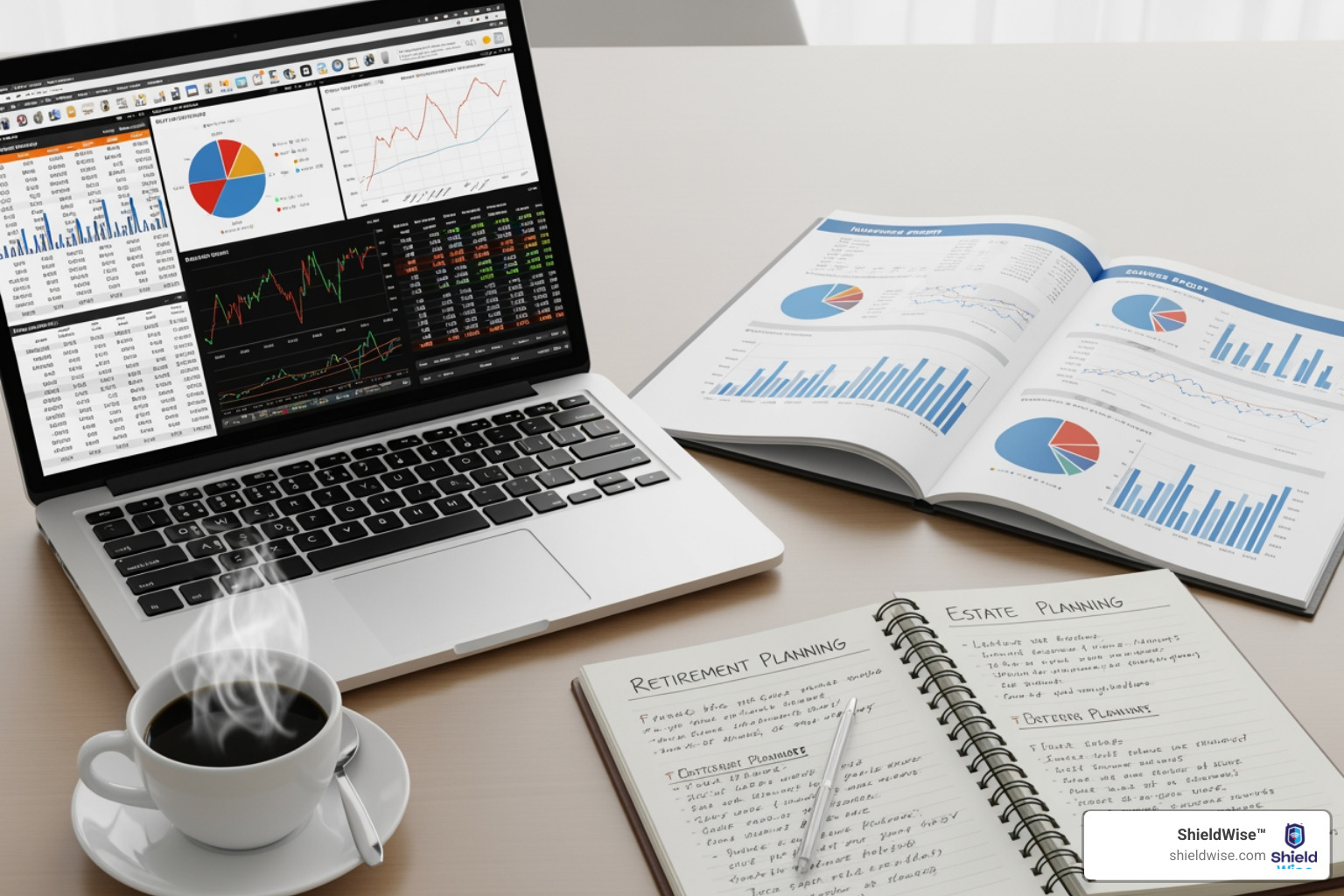Image of a financial planning document with charts and graphs, showing a laptop with investment data, a cup of coffee, and a notepad with retirement goals. - using life insurance in retirement planning
