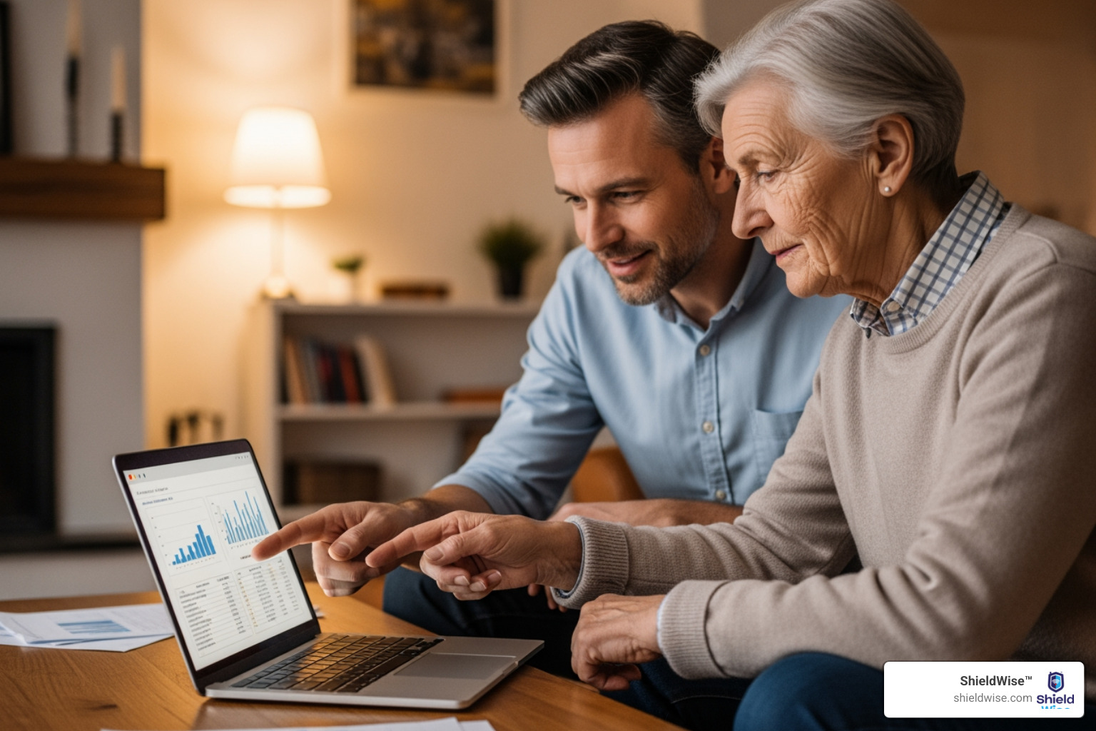 adult child helping elderly parent review documents online - final expense - family and adult children