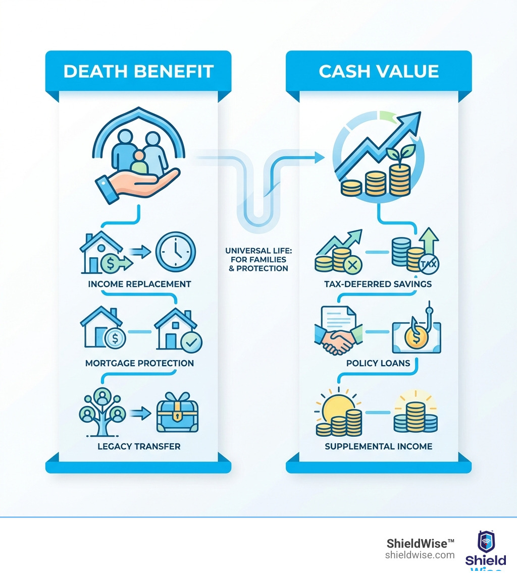 infographic showing two pillars: left pillar labeled Death Benefit with family protection icon showing income replacement mortgage protection and legacy transfer, right pillar labeled Cash Value with growth chart icon showing tax-deferred savings policy loans and supplemental income - universal life - for families and protection infographic 