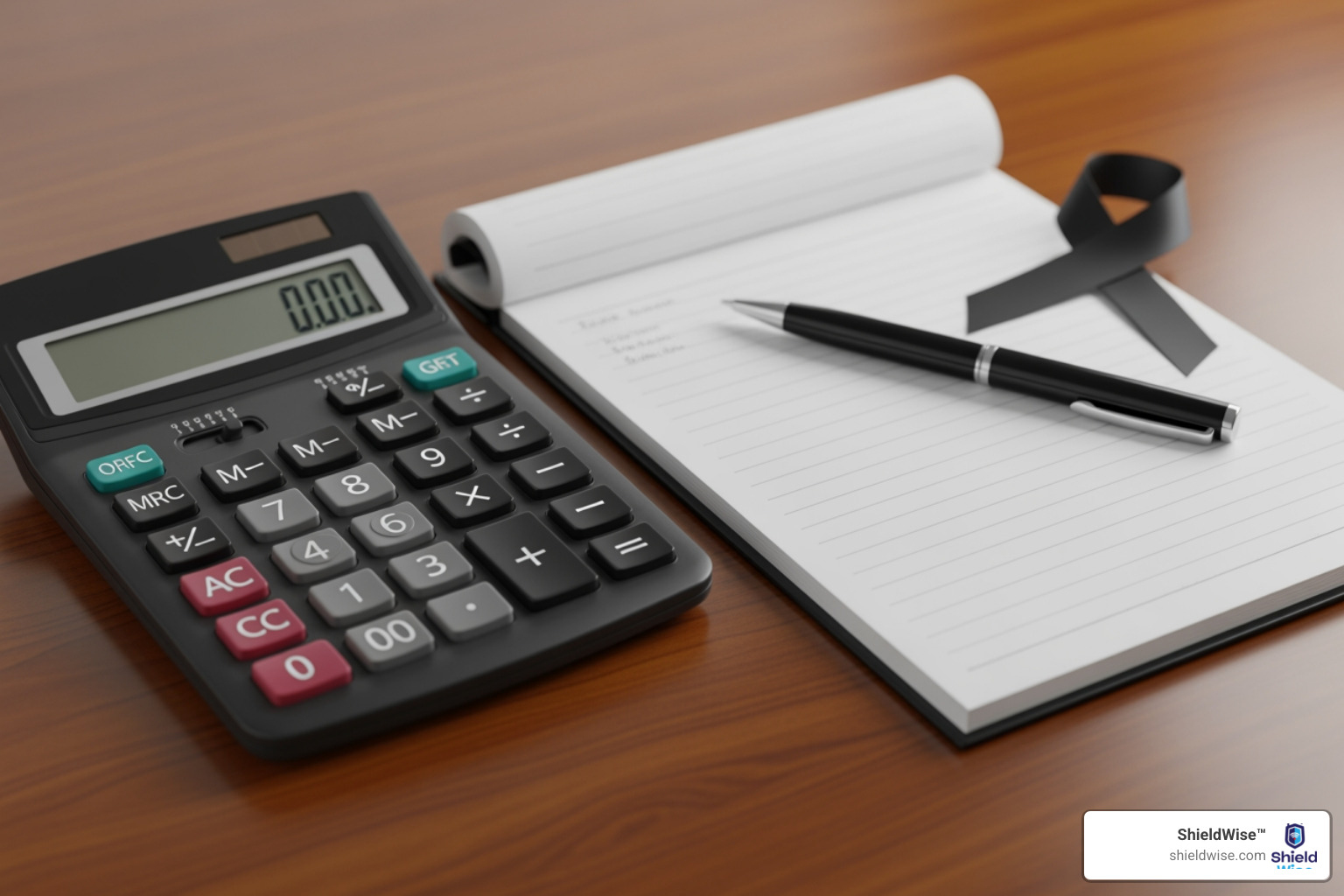 calculator and notepad with funeral-related items - final expense - family and adult children